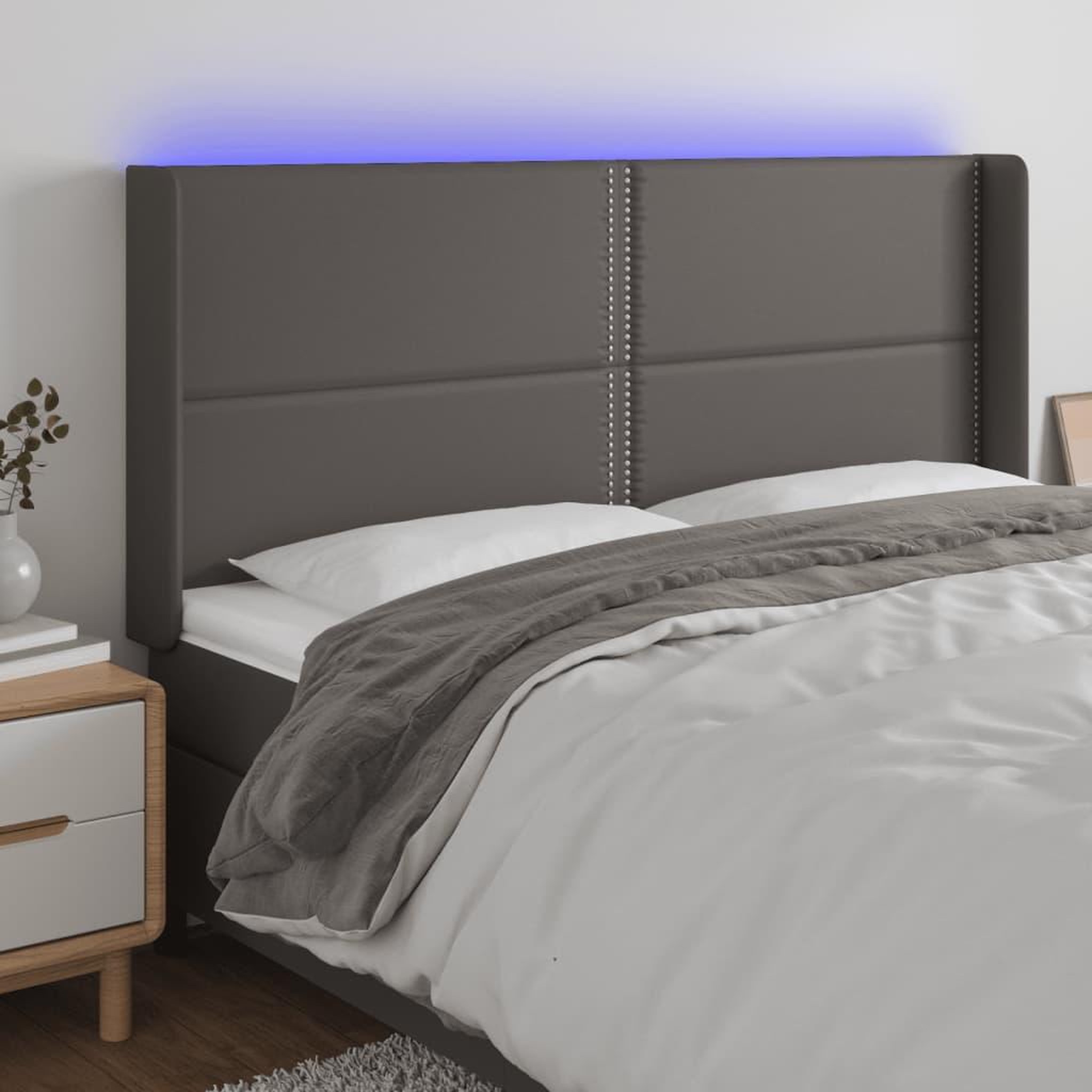 Voir la diapositive 1 : VIDAXL Tete de lit a LED Gris 163x16x118/128 cm Similicuir