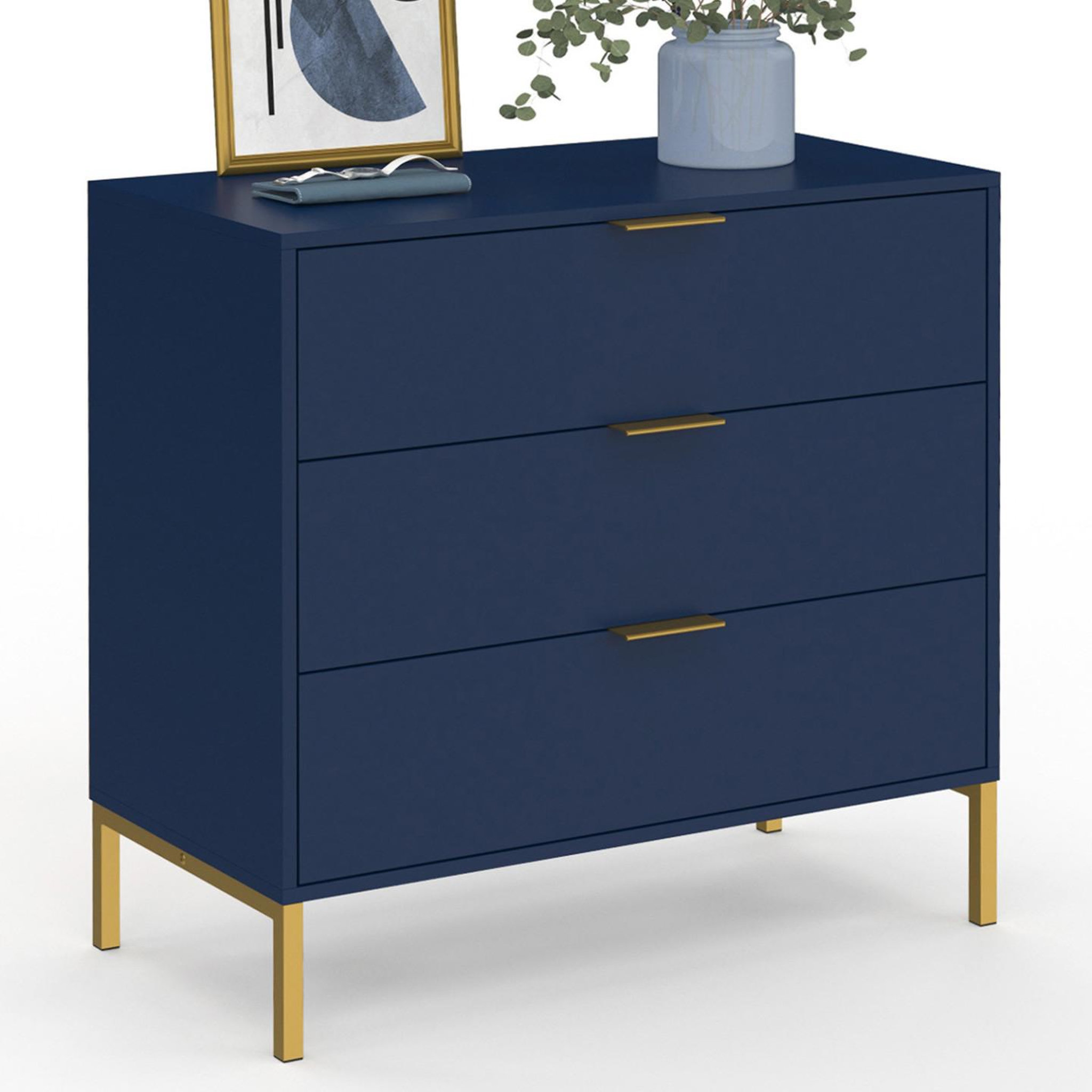 ID MARKET Commode 3 tiroirs blenia 80 cm bleu nuit et finitions dorées