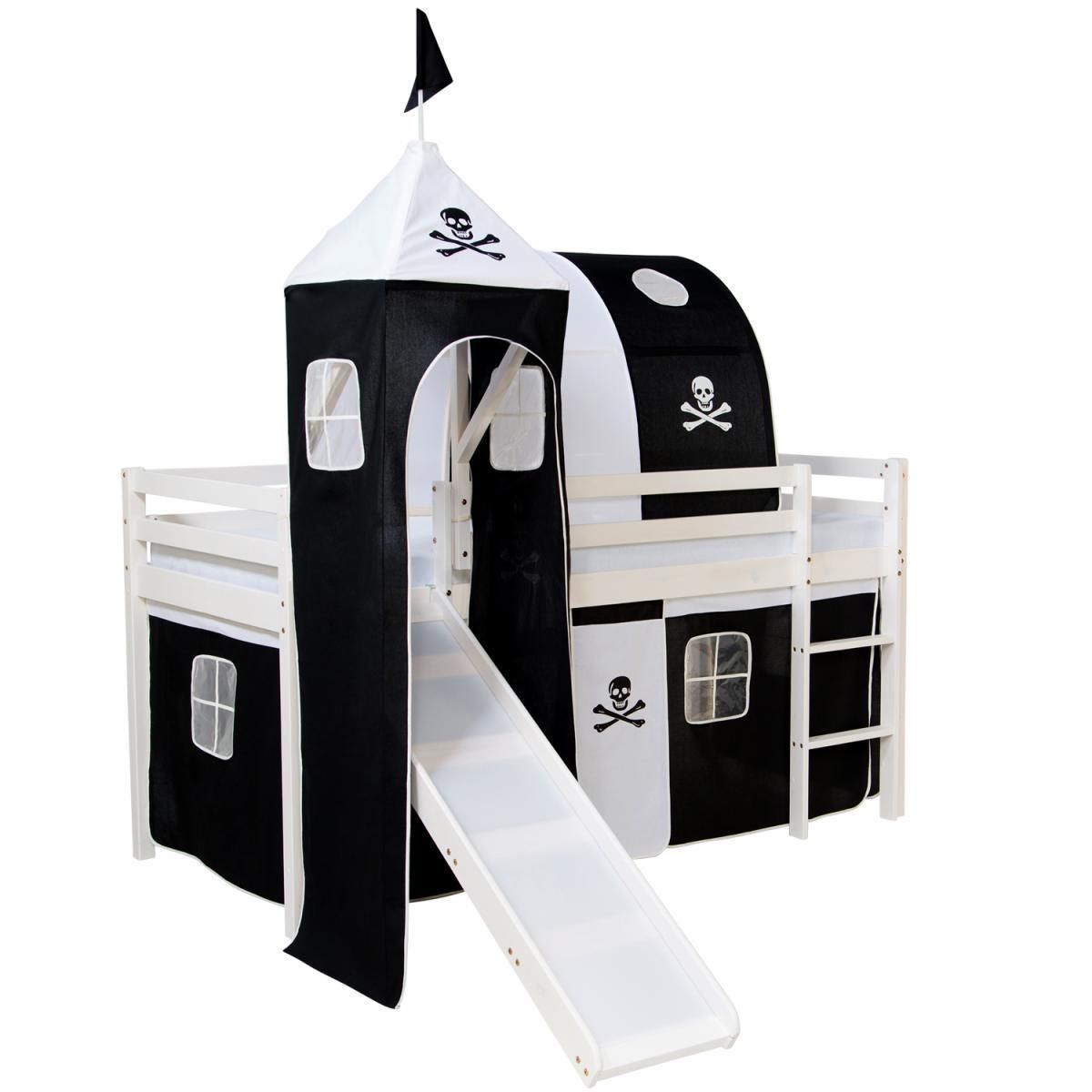 HomeStyle4U Lit mezzanine avec Tunnel Tour Toboggan Rideau Pirate Noir 90x200