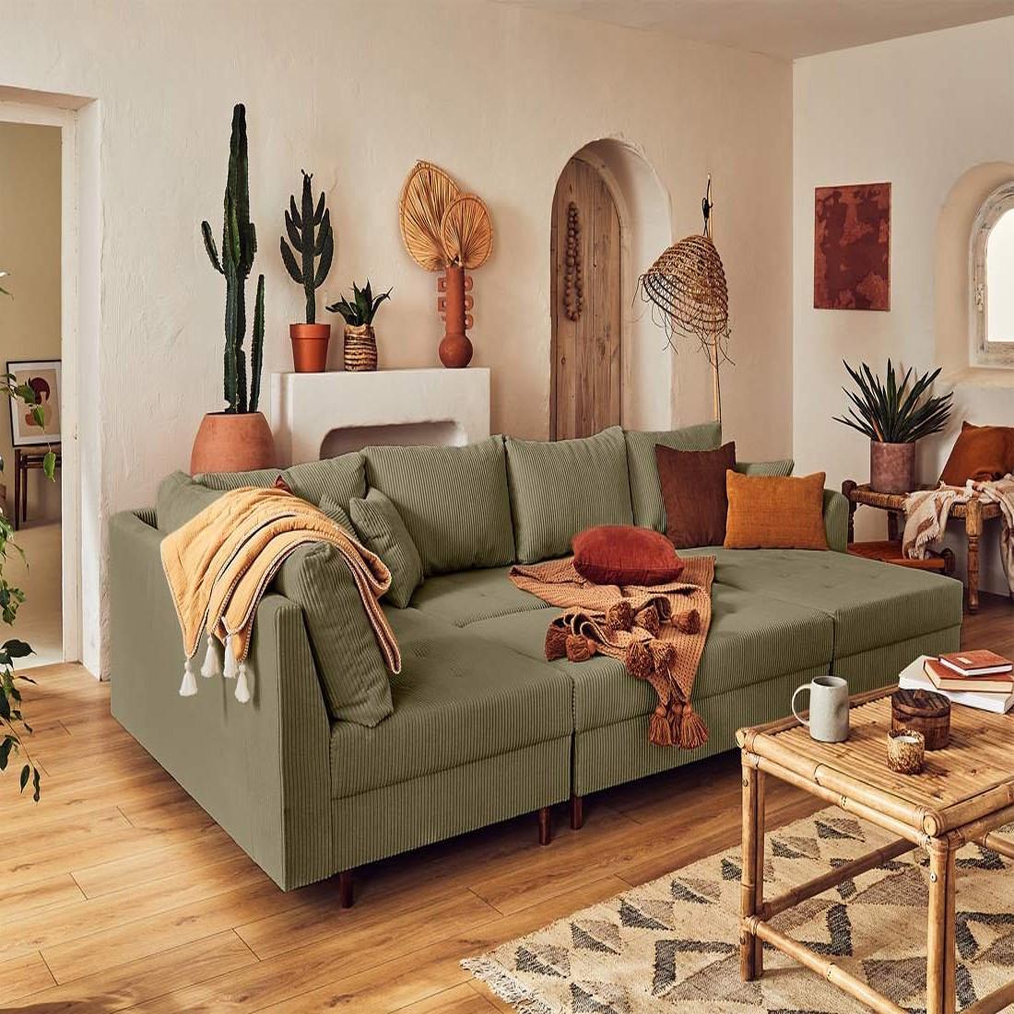 Voir la diapositive 3 : BEST MOBILIER Rune - canapé panoramique d'angle gauche - 7 places - avec pouf d'appoint - en velours côtelé