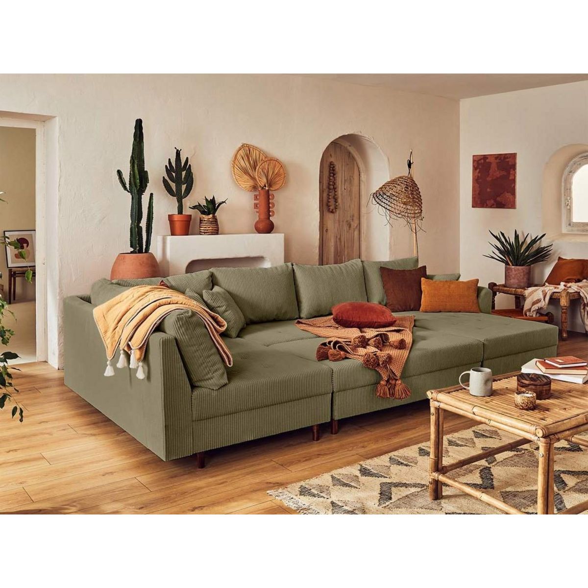 LISA DESIGN Rune - canapé panoramique d'angle gauche - 7 places - avec pouf d'appoint - en velours côtelé