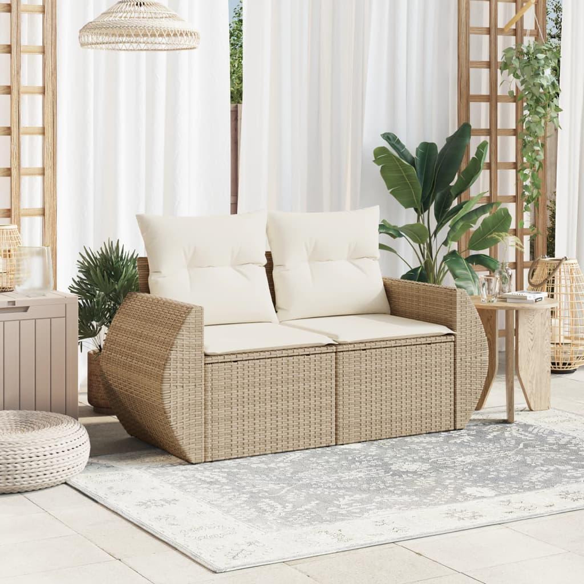 Voir la diapositive 3 : VIDAXL Canape de jardin avec coussins 2 places beige resine tressee