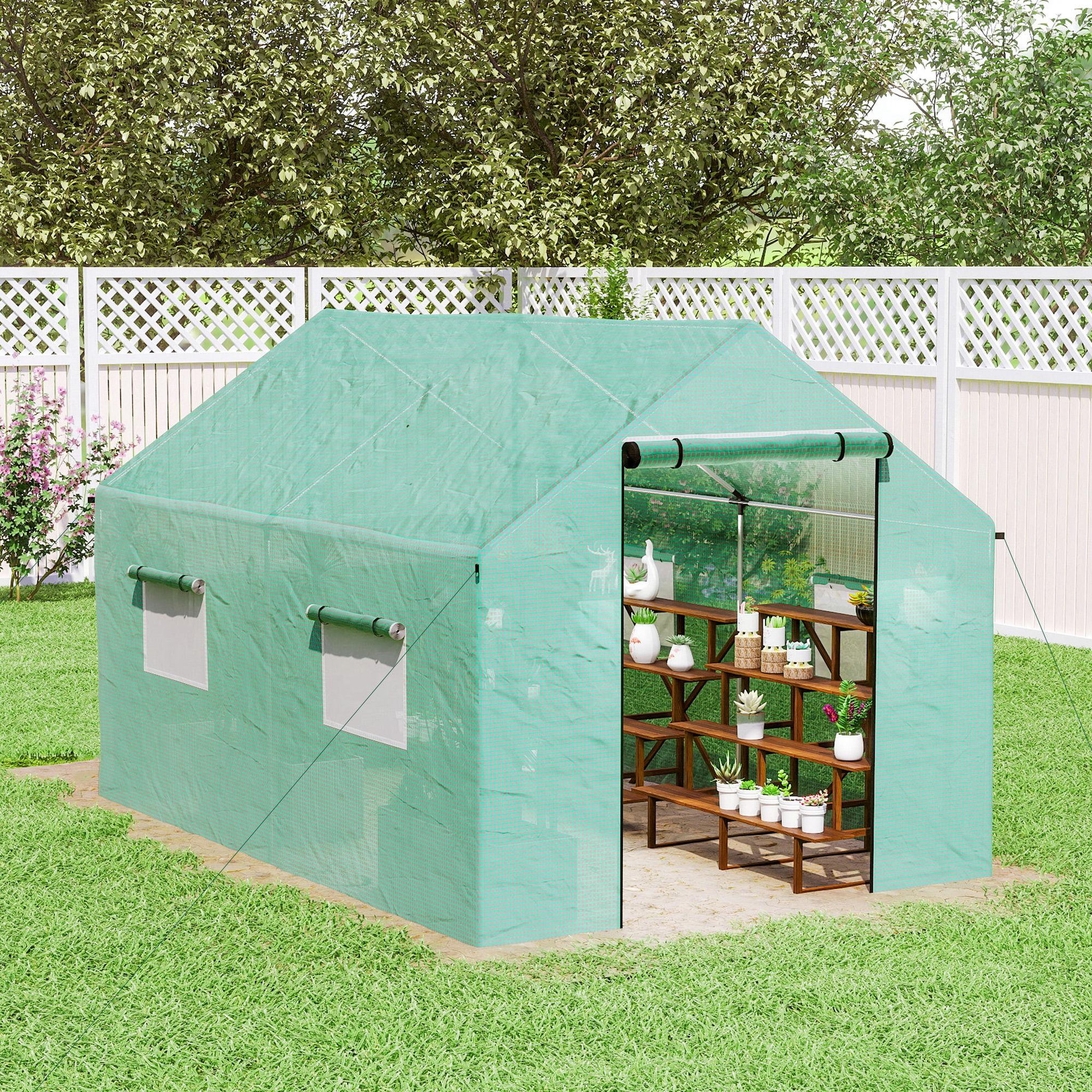 Voir la diapositive 5 : OUTSUNNY Serre de jardin tunnel 6 m² porte 4 fenêtres acier galvanisé PE vert