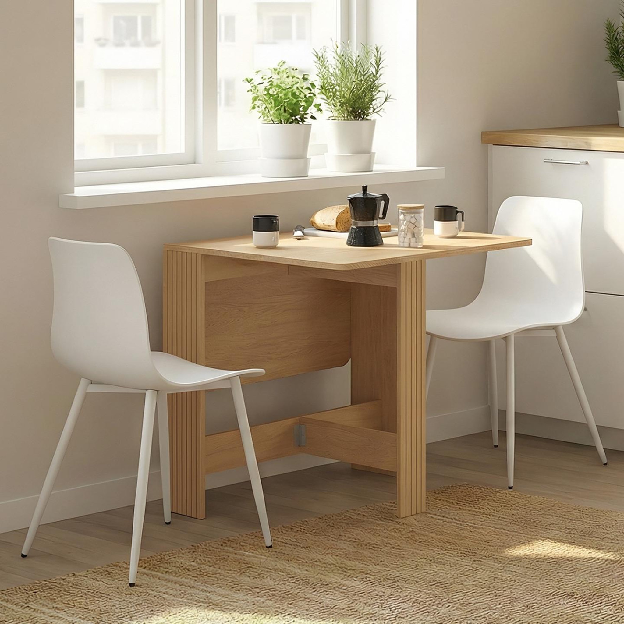 Voir la diapositive 2 : ID MARKET Table console pliable juliette 2-4 personnes lattes tasseaux de bois coloris chêne 103 x 76 cm
