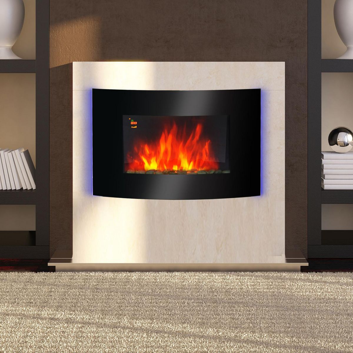 HOMCOM Cheminée électrique murale éclairages latéraux LED design avant-gardiste affichage LED avec télécommande et minuterie 1000/2000 W luminosité réglable noir