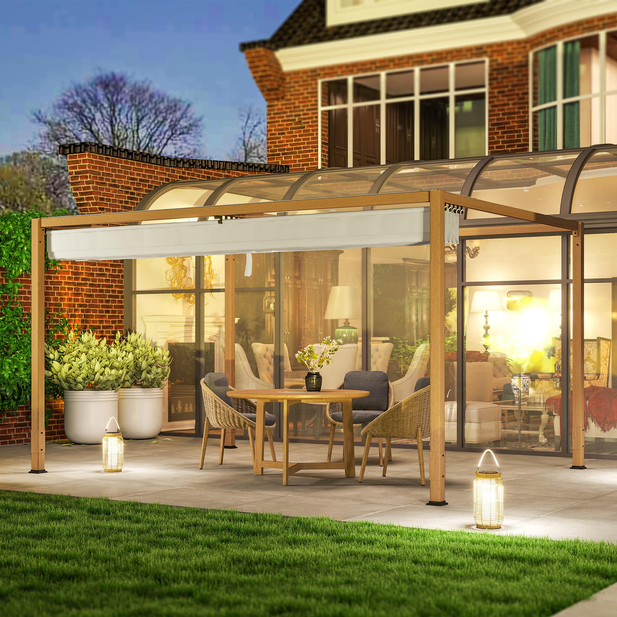 Voir la diapositive 5 : OUTSUNNY Pergola toile rétractable 4 x 3 m alu effet bois tissu polyester beige