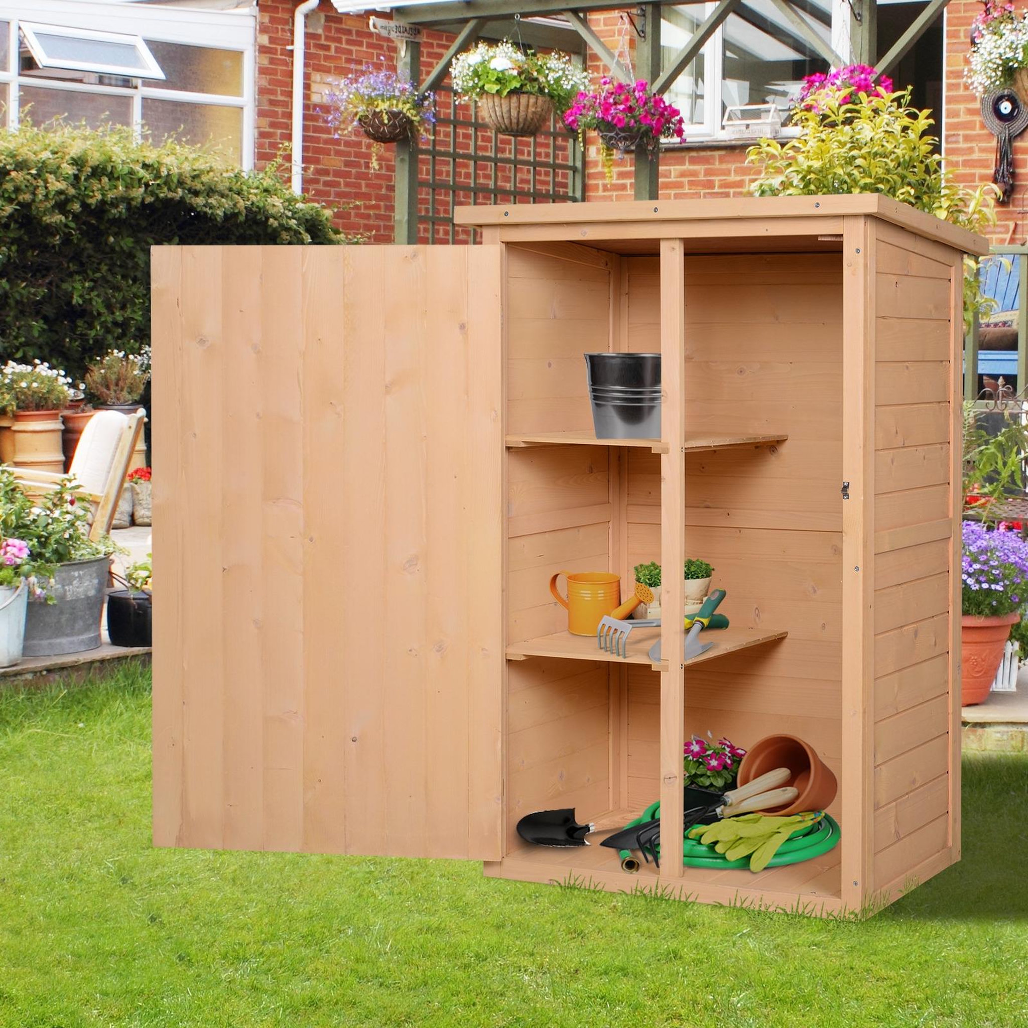 Voir la diapositive 2 : OUTSUNNY Armoire abri de jardin remise pour outils - grande porte verrouillable loquet - 2 étagères - toit bitumé incliné bois de sapin pré-huilé