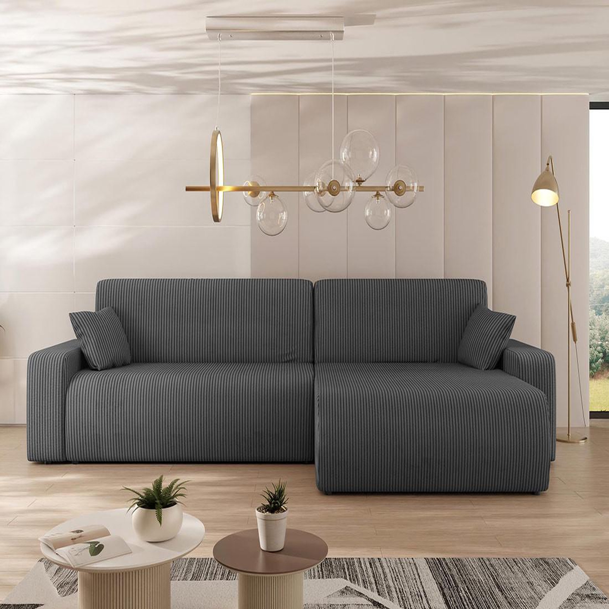 Voir la diapositive 4 : BEST MOBILIER Artemisa - canapé d'angle réversible 5 places convertible avec coffre en velours côtelé