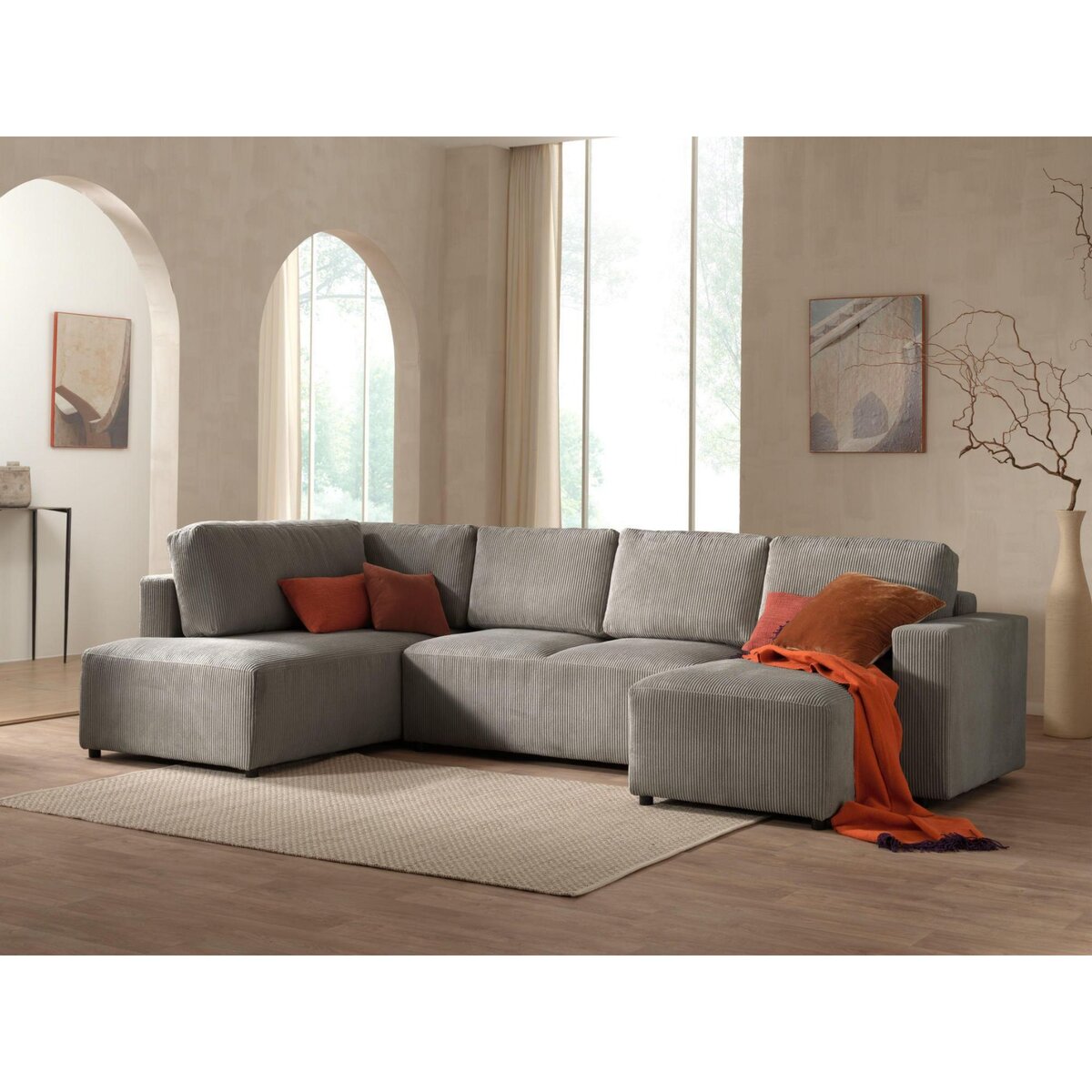 LISA DESIGN Livy - canapé panoramique convertible - avec coffre - en velours côtelé - 7 places - gauche