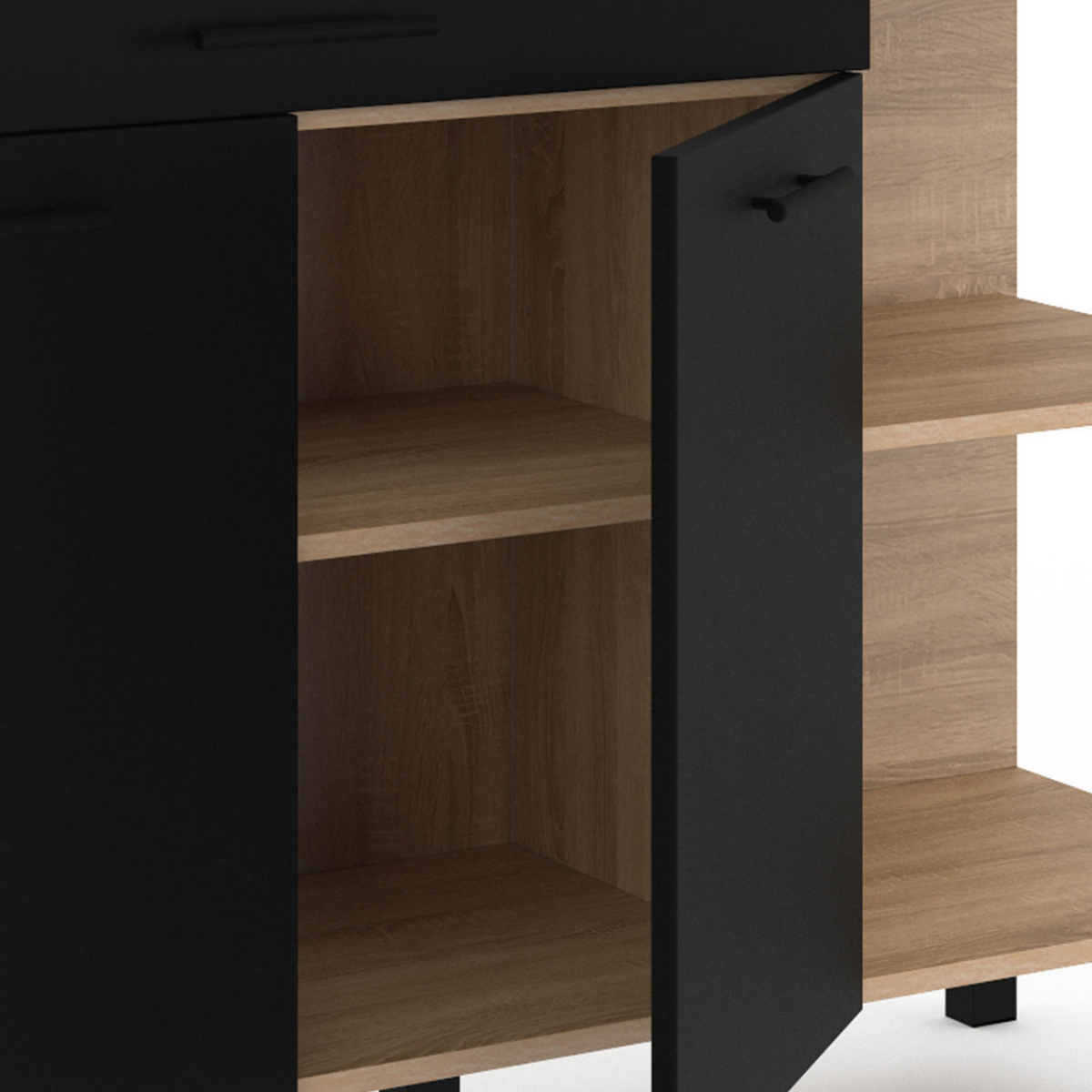 ID MARKET Buffet bas de cuisine 120 CM CINA plan de travail H.83 cm 2 portes + tiroir façon hêtre et noir