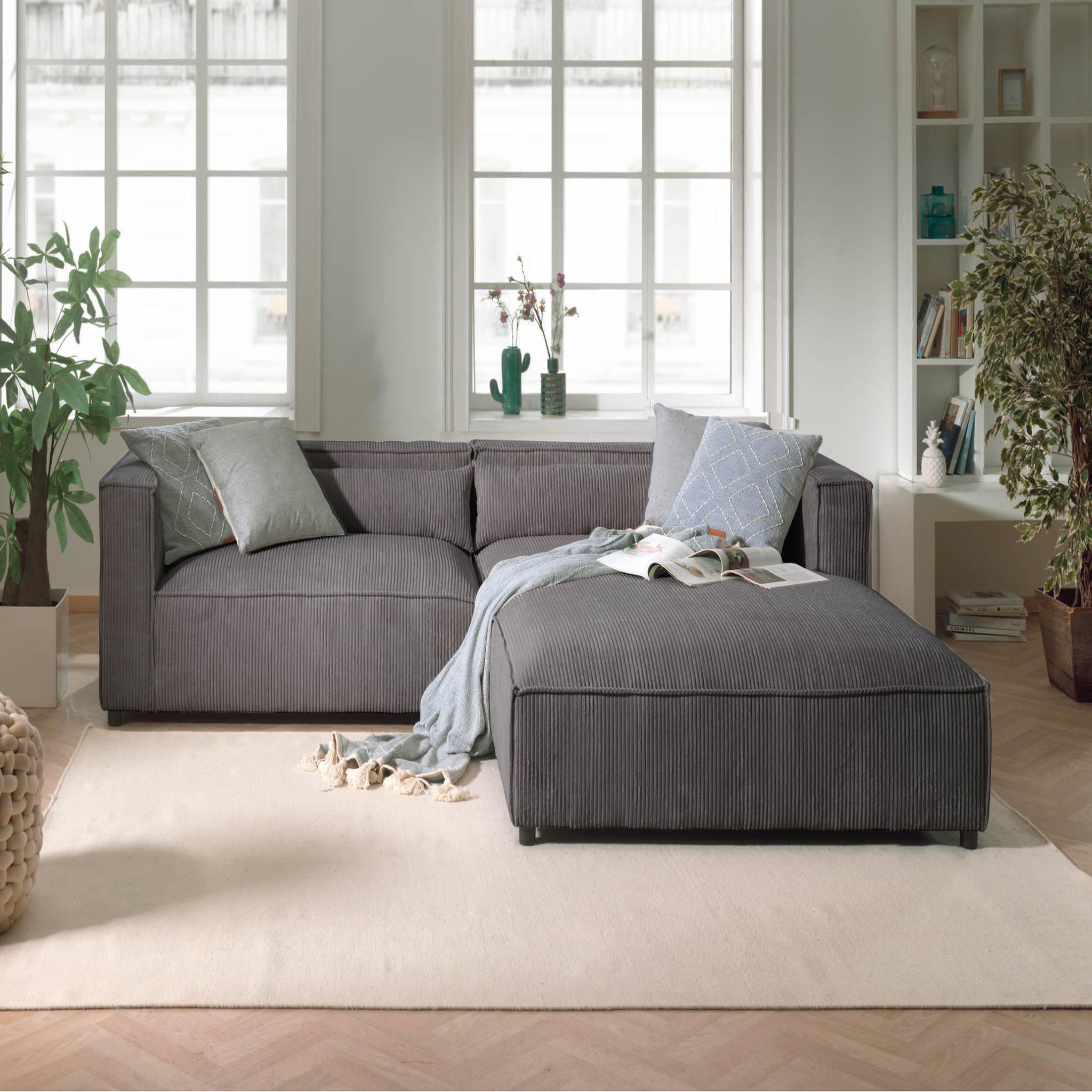 Voir la diapositive 2 : BEST MOBILIER Ela - canapé d'angle droit 4 places - en velours côtelé - style contemporain
