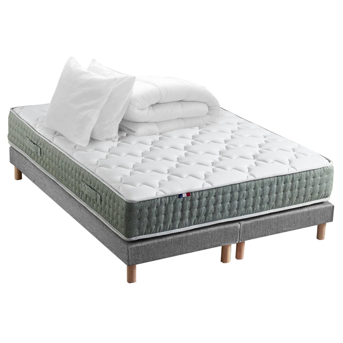 IDLITERIE Ensemble matelas Ressort 7 zones HYGGE + Sommier + couette + oreillers Fabriqué en France