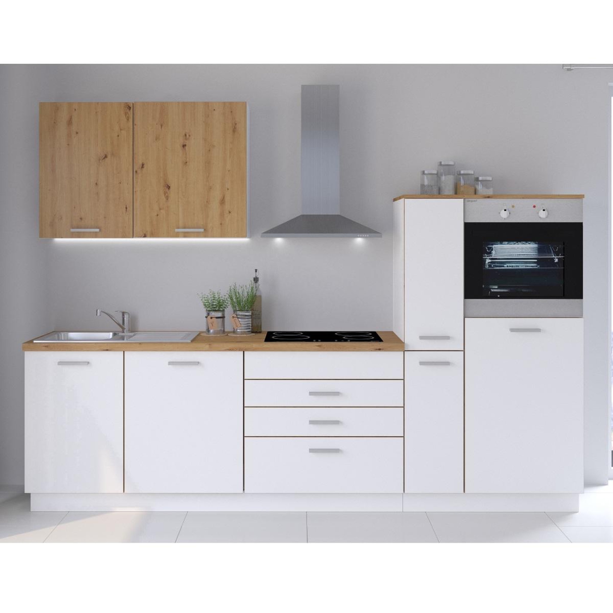 Voir la diapositive 2 : JLC KREATION Cuisine complète blanc et bois 280cm LOFT