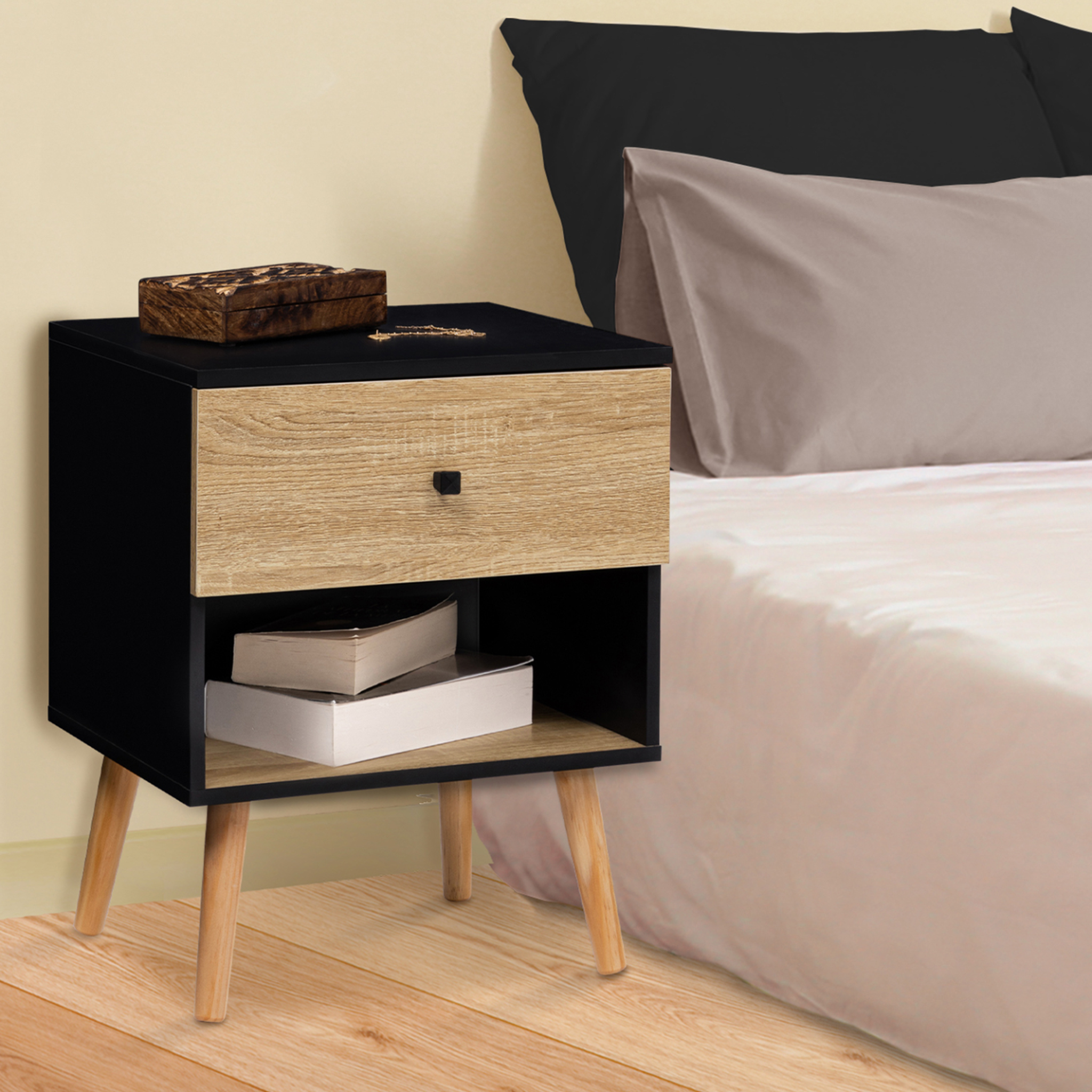 Voir la diapositive 2 : ID MARKET Lot de 2 tables de chevet emmie scandinaves 1 tiroir avec niche noir et hêtre