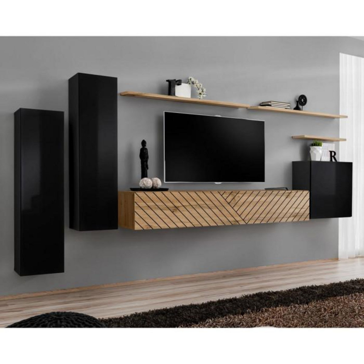 Paris Prix Ensemble Meuble TV  Switch Lamel I  330cm Naturel & Noir