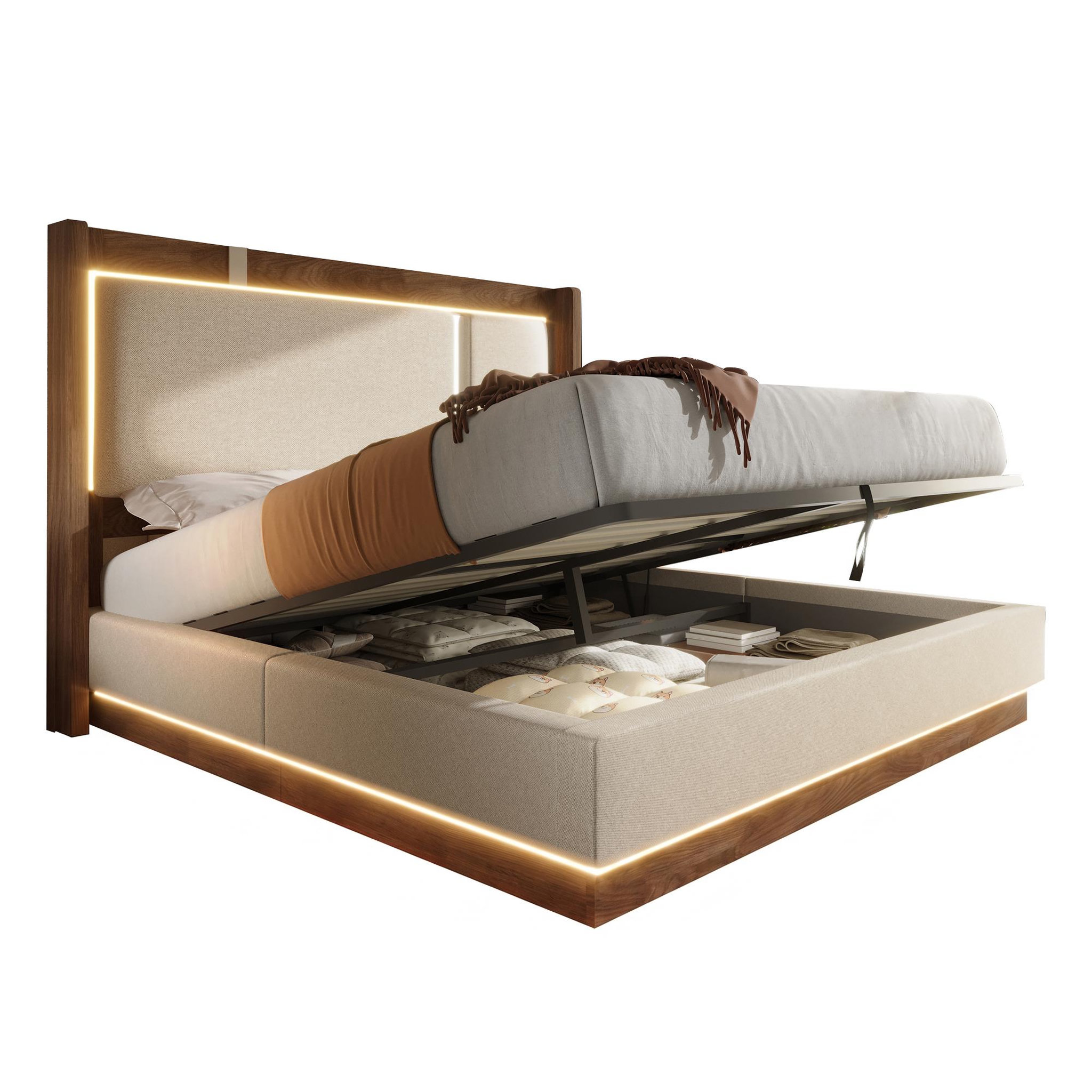 MERAX Lit double avec rangement hydraulique led tissu lin. Coloris disponibles : Beige, Gris