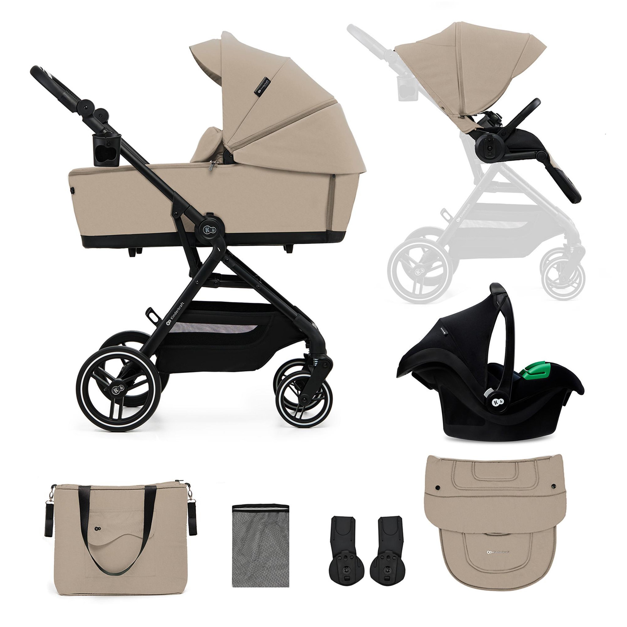 Voir la diapositive 1 : KINDERKRAFT Poussette 3 en 1 avec nacelle YOXI, roues anti-crevaison et accessoires