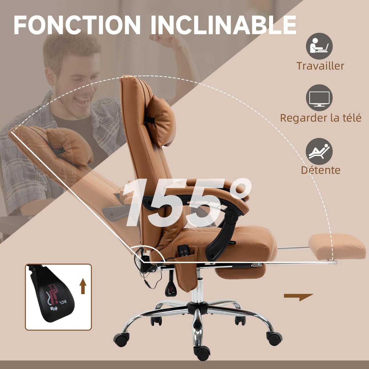 VINSETTO Fauteuil de bureau direction massant hauteur réglable dossier inclinable repose-pied intégré revêtement synthétique camel