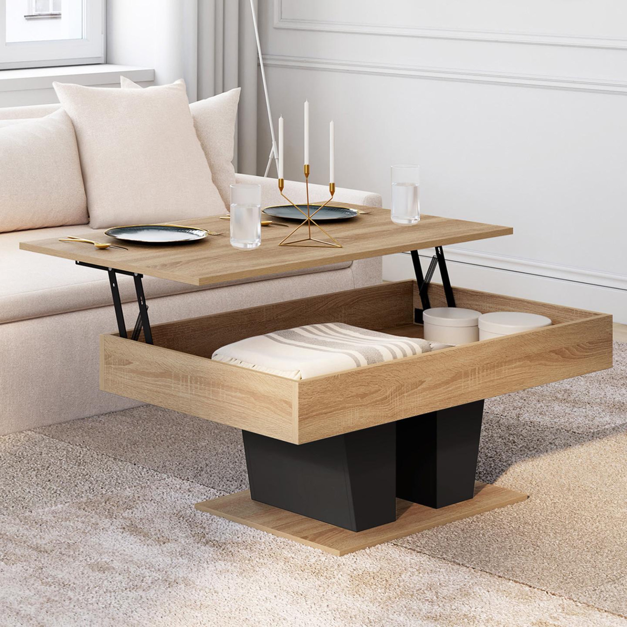 Voir la diapositive 2 : ID MARKET Table basse plateau relevable rectangulaire eliad bois et noir