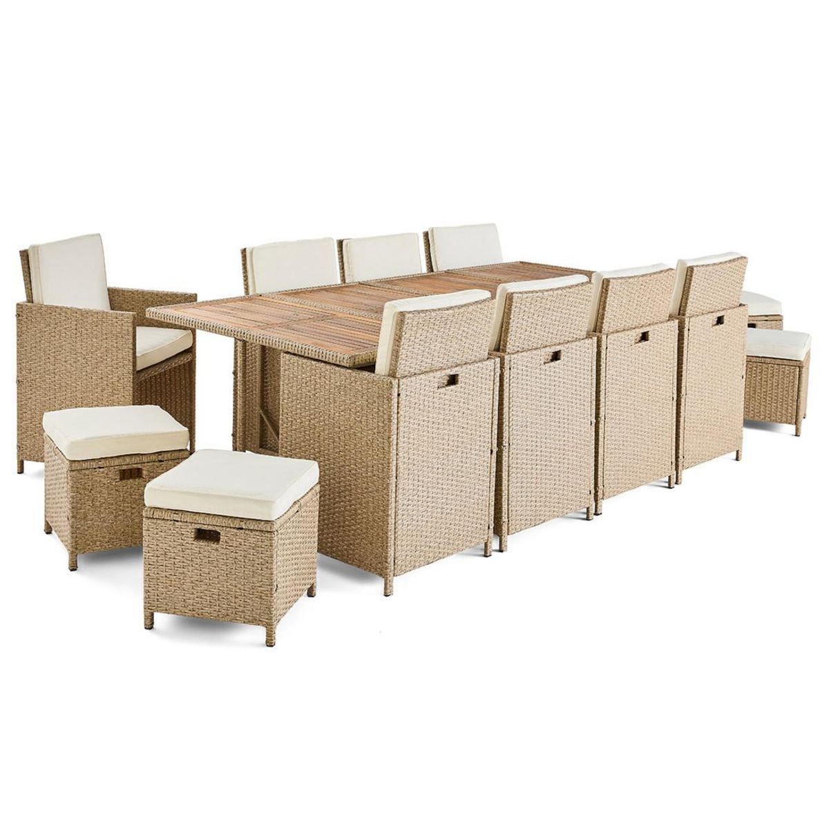 BEST MOBILIER Cuba – salon de jardin encastrable en résine tressé beige - 12 places - coussins beige + housse de protection