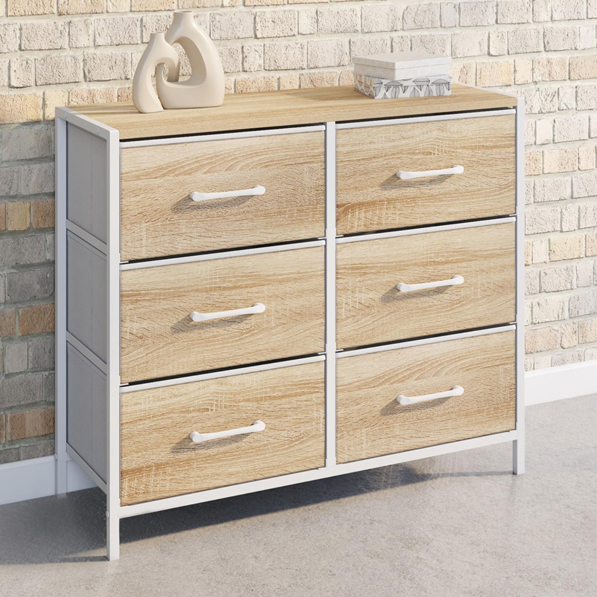 Voir la diapositive 2 : ID MARKET Commode 6 tiroirs en tissu utah 80 cm meuble de rangement design industriel bois et blanc