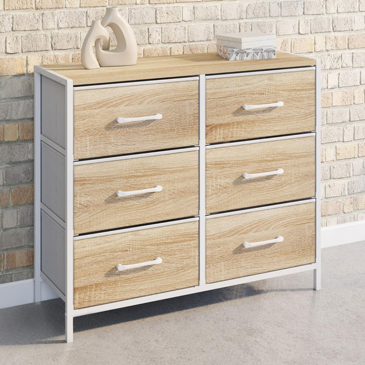 ID MARKET Commode 6 tiroirs en tissu UTAH 80 cm meuble de rangement design industriel bois et blanc