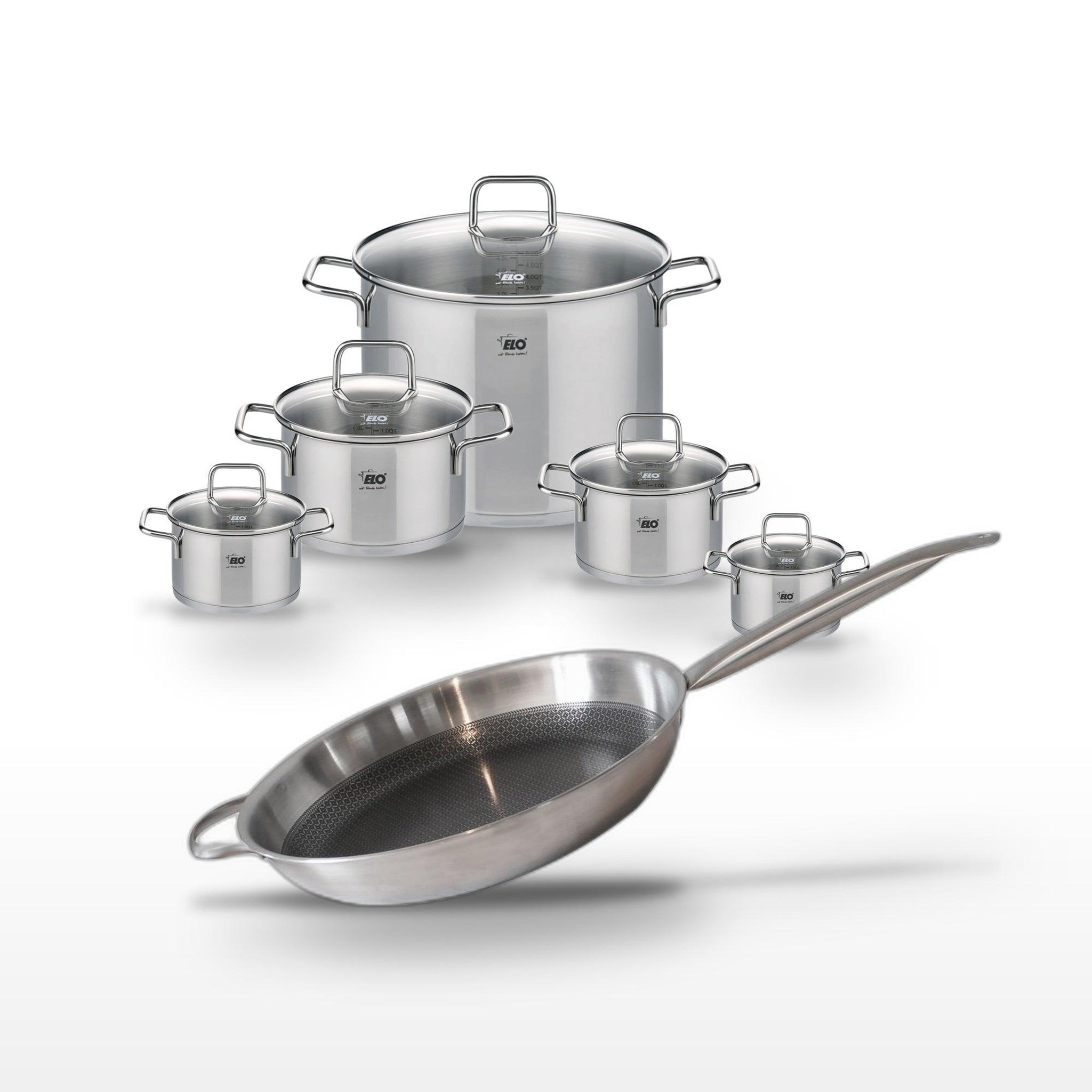 ELO Batterie de cuisine avec 5 faitouts 12/14/16/20/26 cm et 1 poêle antiadhésive 32 cm en inox sans pfas elo collection relief solution citrin