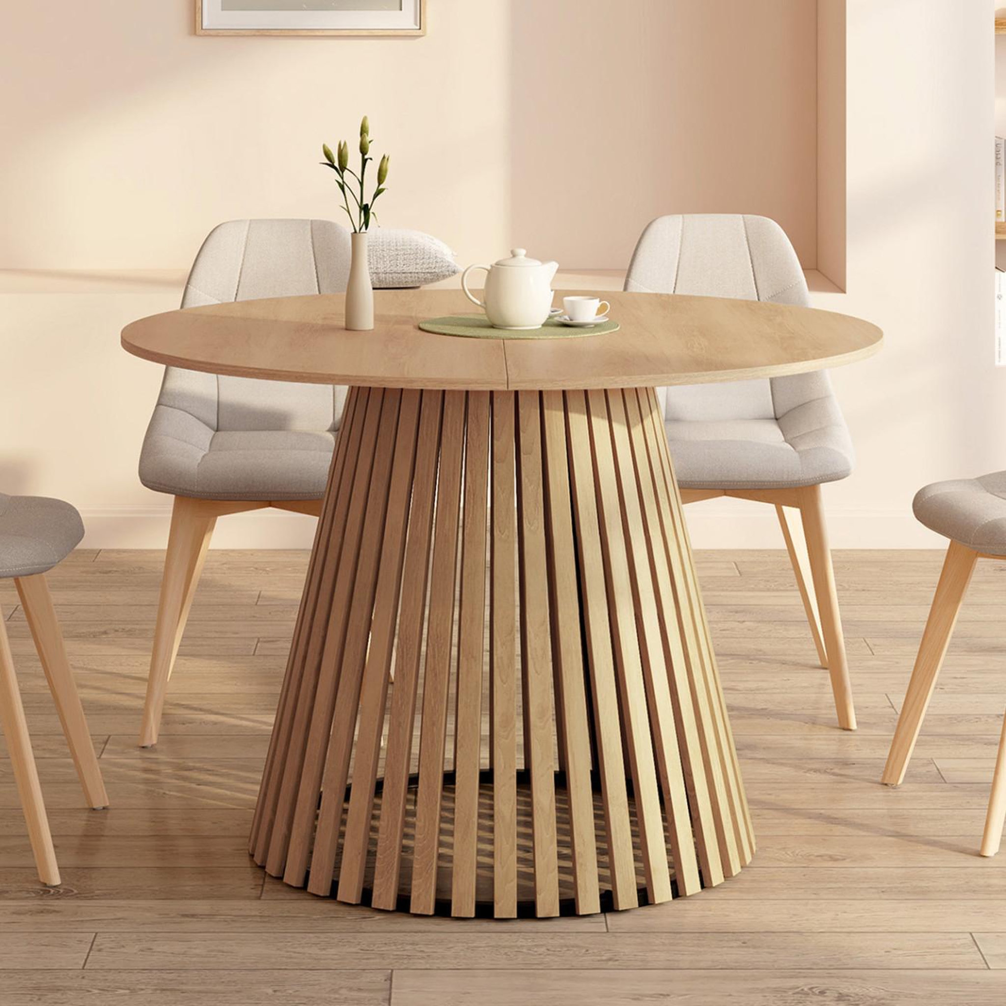 Voir la diapositive 4 : ID MARKET Table à manger extensible ronde carmen 4-8 personnes pied bois en lattes et plateau bois 110 - 150 cm