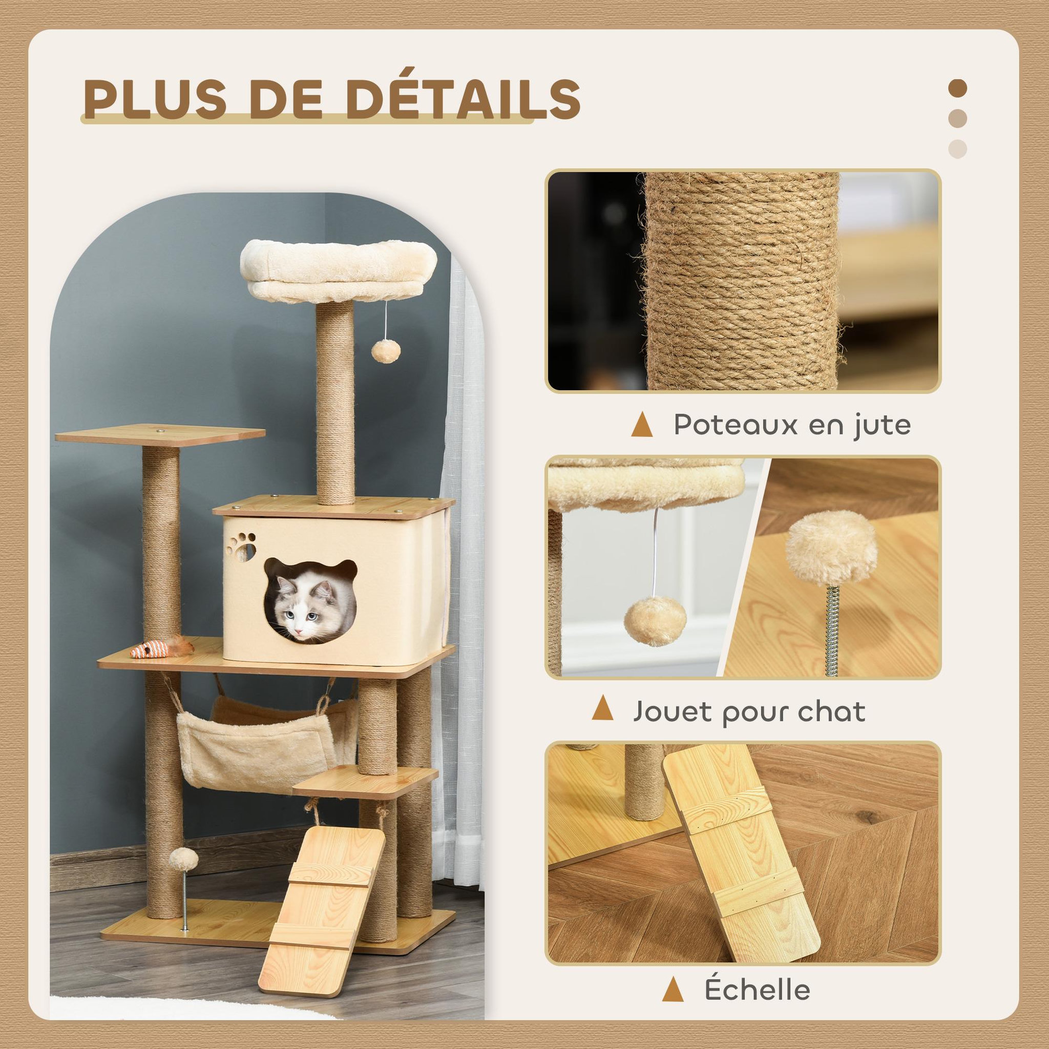 Voir la diapositive 6 : PAWHUT Arbre à chat design effet bois naturel h.130cm nombreux équipements jouets