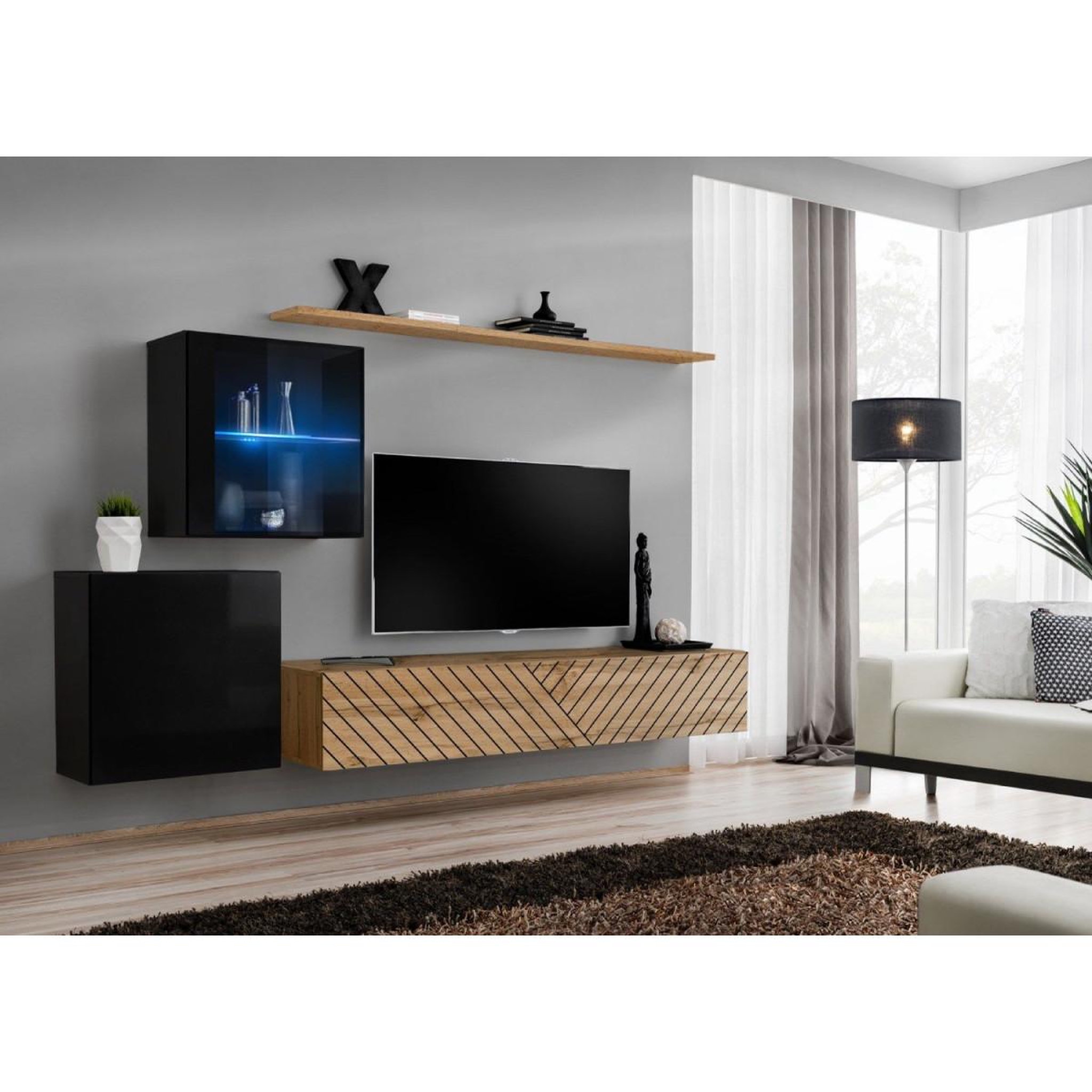 Voir la diapositive 2 : Paris Prix Ensemble meuble tv  switch lamel xv  260cm naturel & noir
