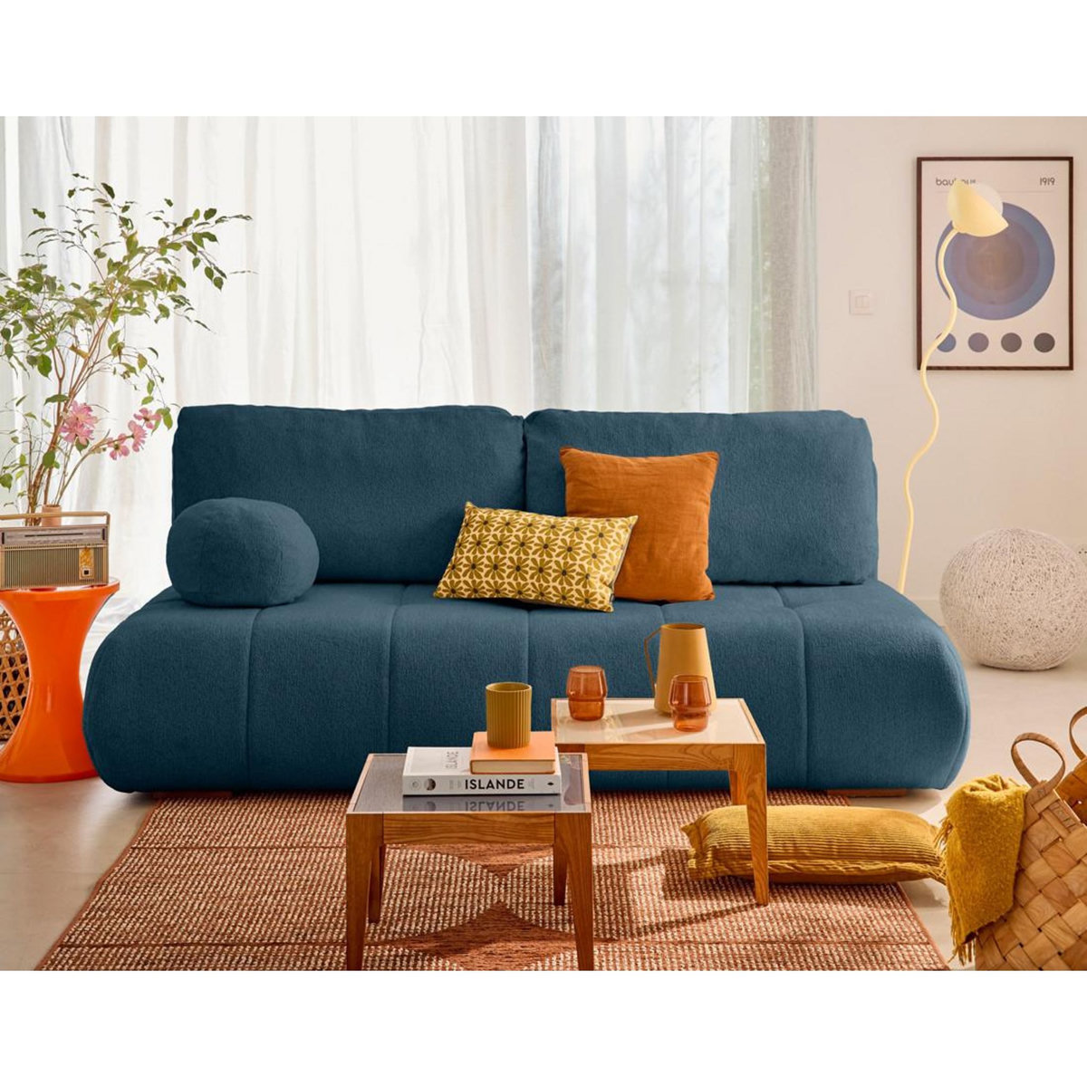 BEST MOBILIER Bowie - canapé 3 places convertible coffre + coussin rond inclus en tissu texturé