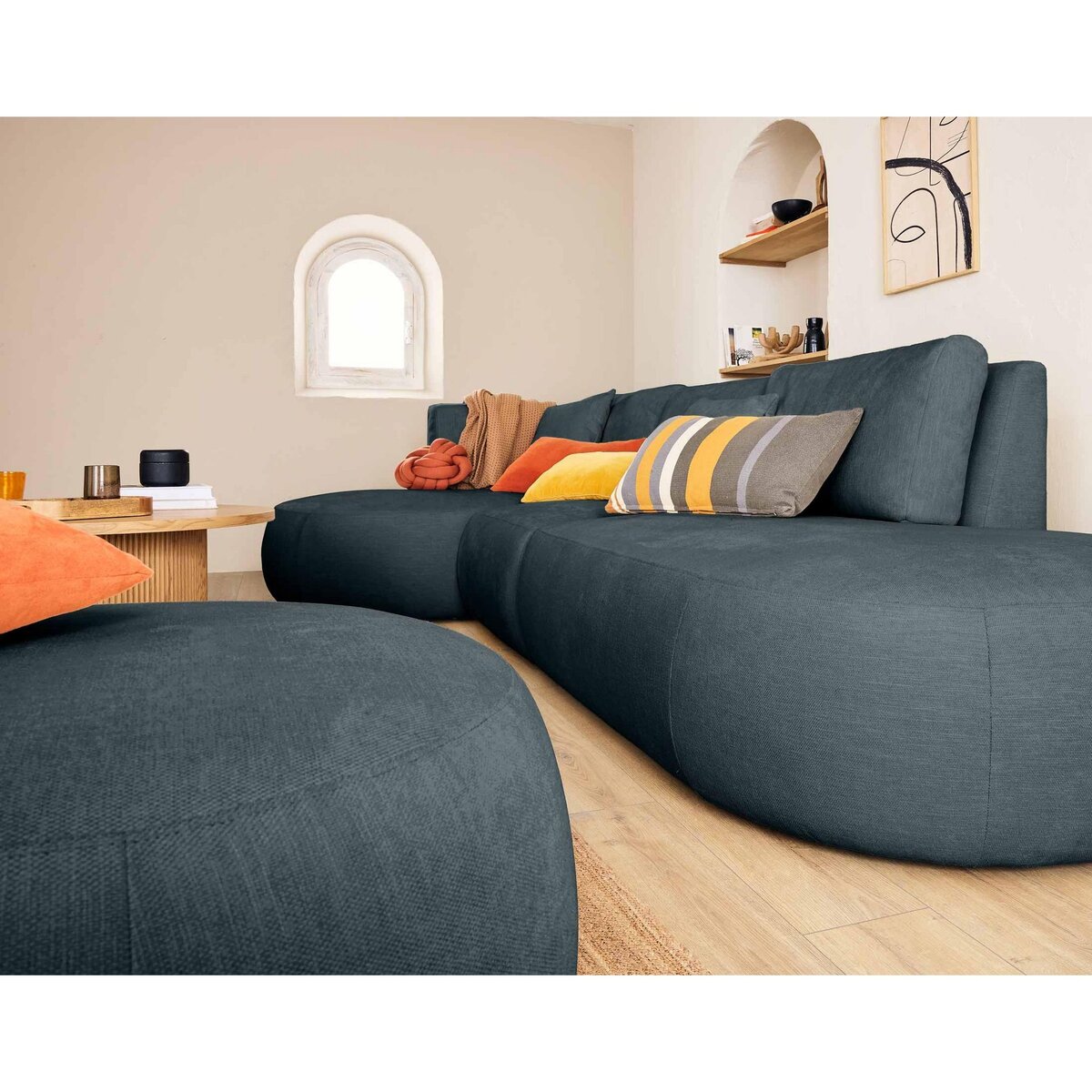 LISA DESIGN Santorini - canapé modulable d'angle gauche + pouf - 5 places - en tissu texturé