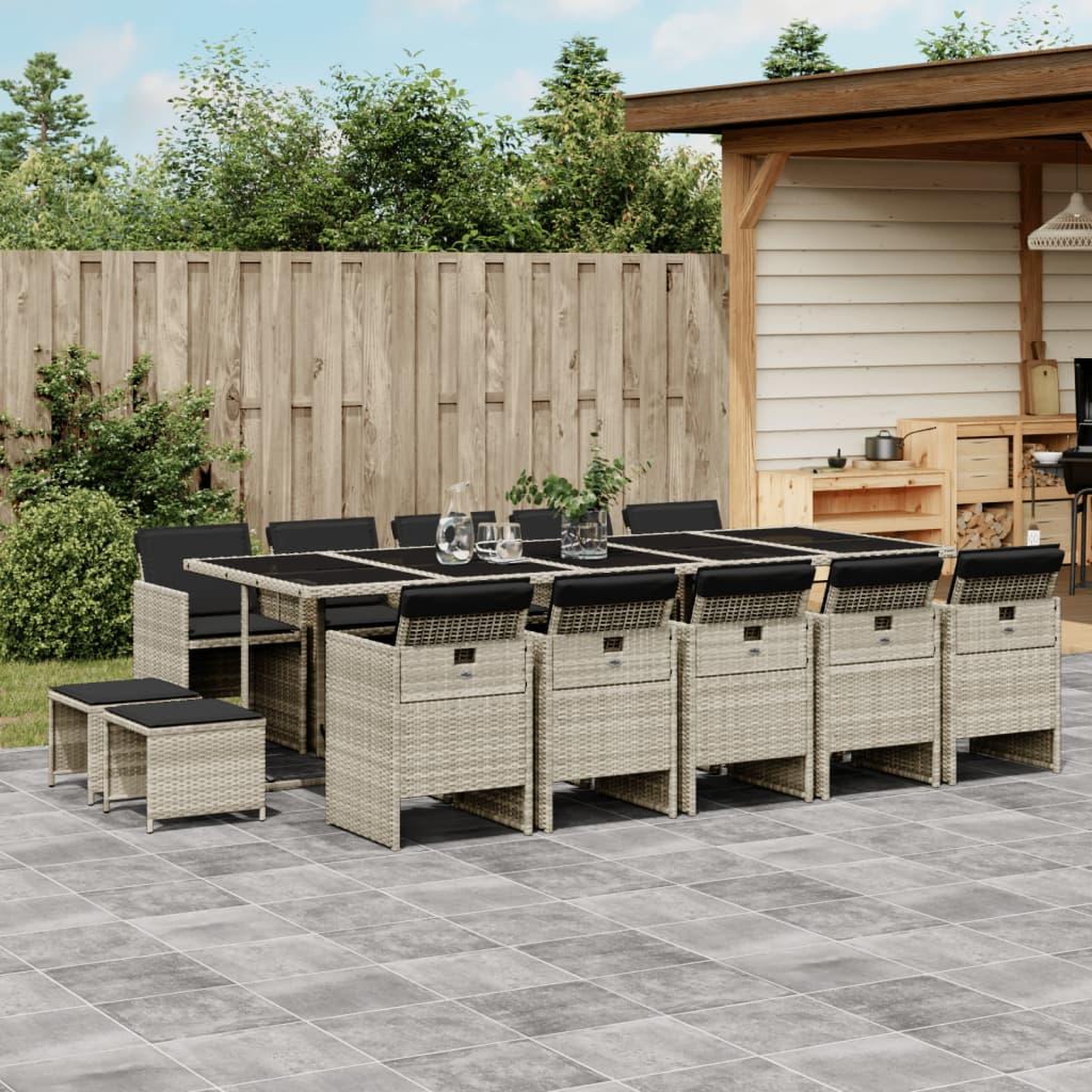 VIDAXL Ensemble a manger de jardin et coussins 15 pcs gris clair rotin