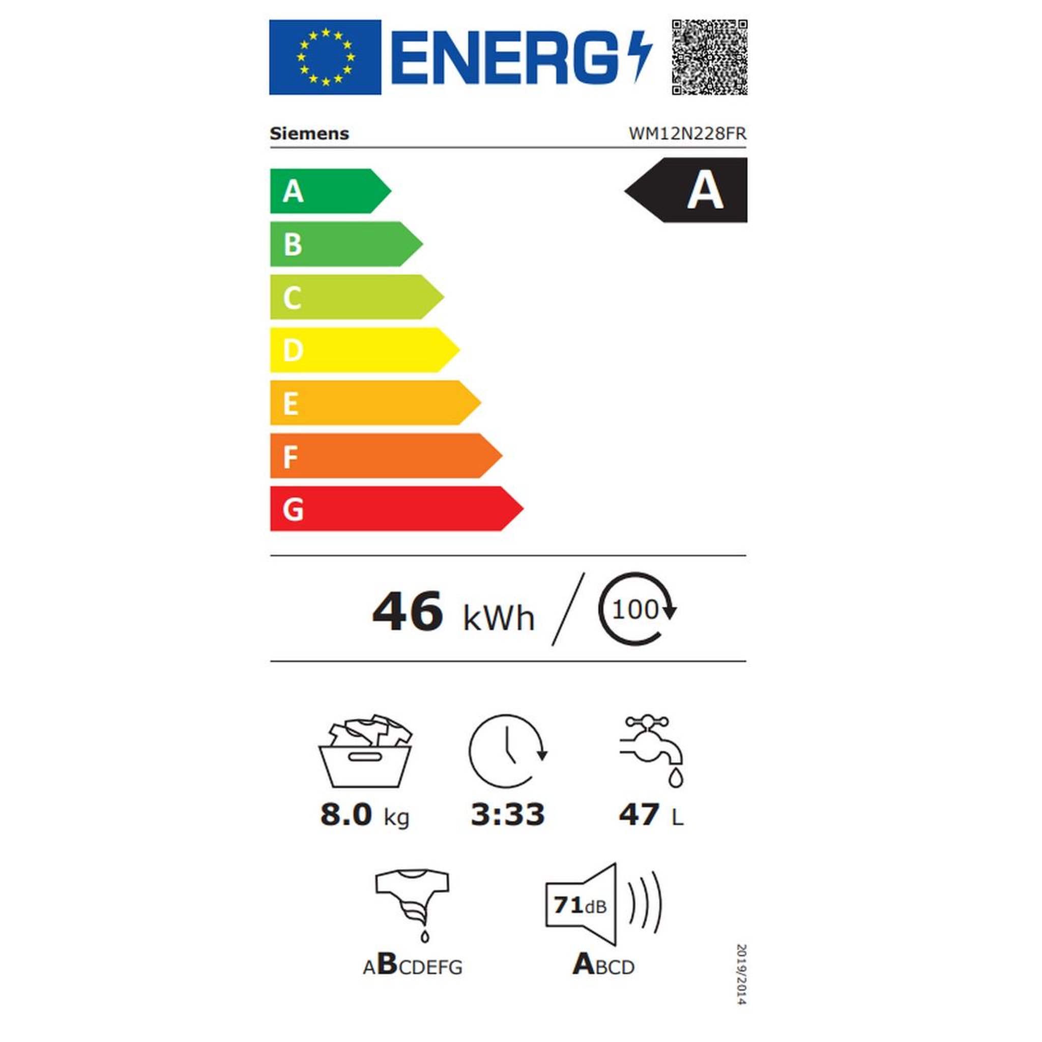 Voir la diapositive 2 : Siemens Lave-linge frontal 8kg 1200 tours/min blanc - wm12n228fr