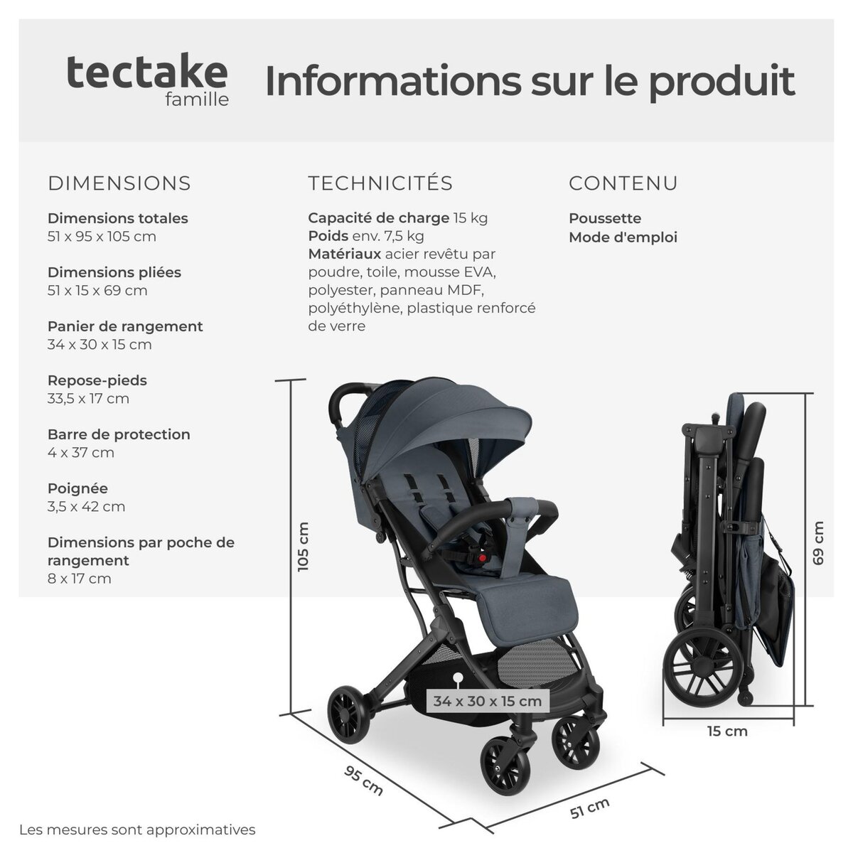 tectake Poussette buggy pliage à une main avec harnais à 5 points, frein de stationnement et arceau de sécurité gris anthracite