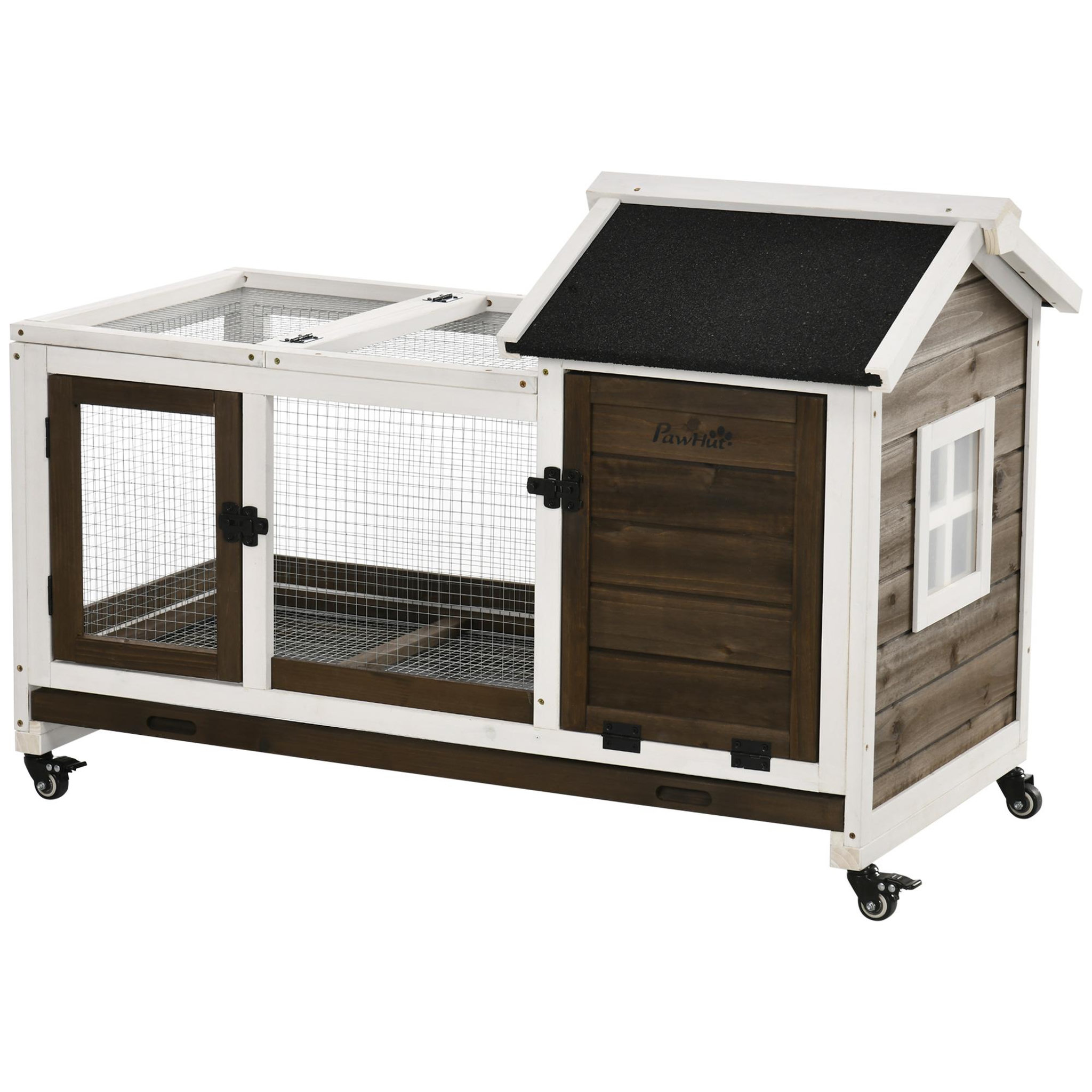 PAWHUT Clapier à lapin sur roulettes cage à lapin porte, rampe trappe verrouillables toit ouvrant niche bois sapin acier café blanc