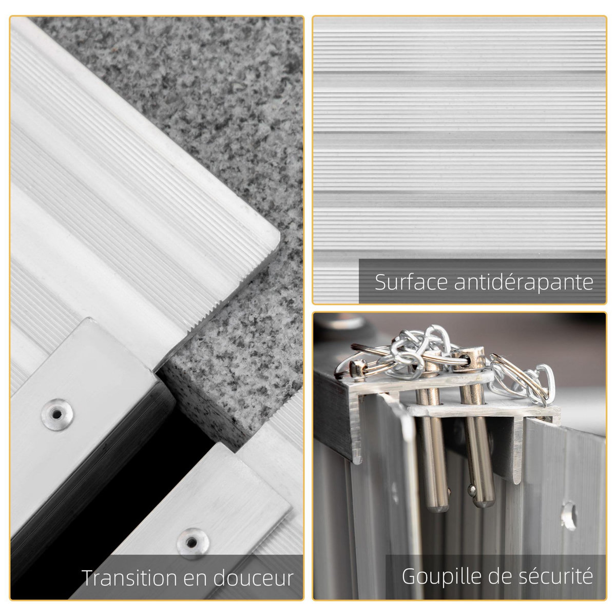 HOMCOM Rampe de fauteuil roulant rampe de chargement antidérapante pliable avec bordures de sécurité max. 270 Kg alu.