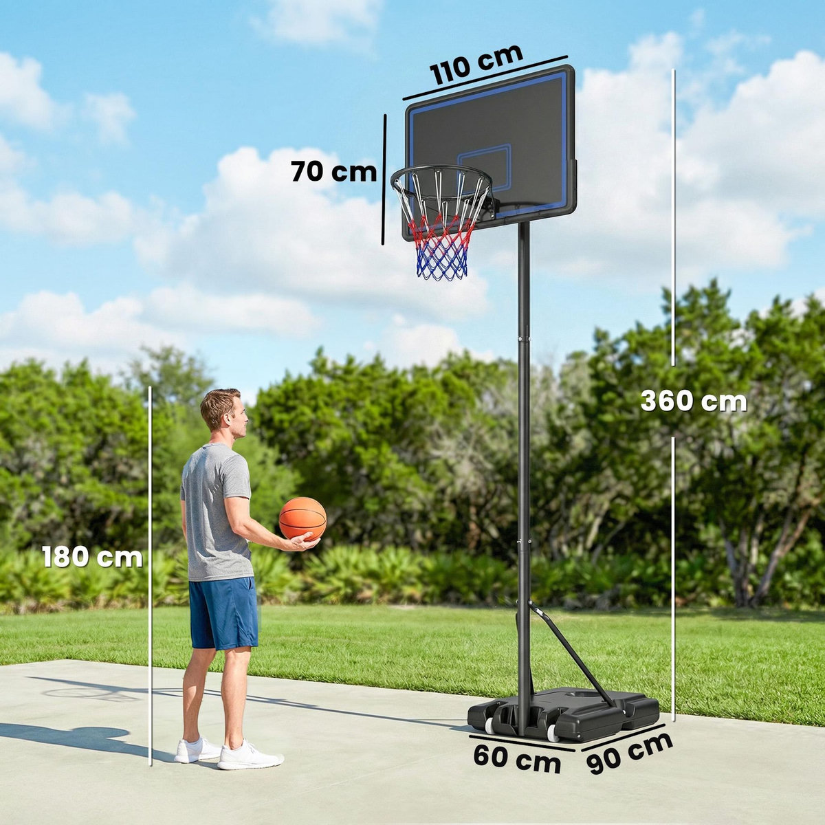HOMCOM Panier de basketball sur pied mobile réglable H.1,35-3,05 m