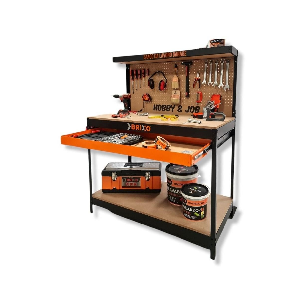 BRIXO Etabli de garage avec tiroir Panneau perforé et étagère L120 xP60 x H150 cm Charge max 230 kg