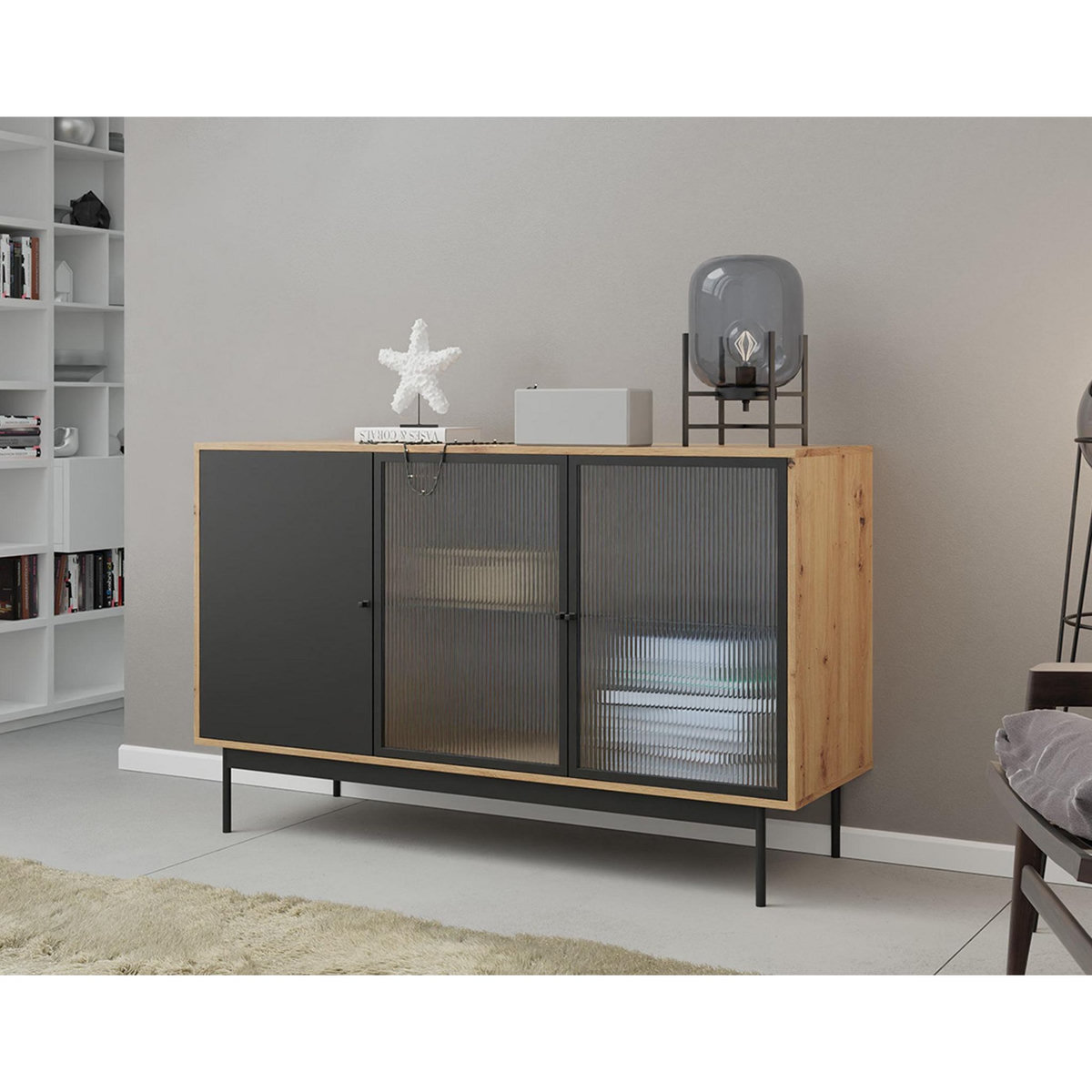 BEST MOBILIER Lamia - buffet bas - effet bois et noir - 3 portes - 148 cm