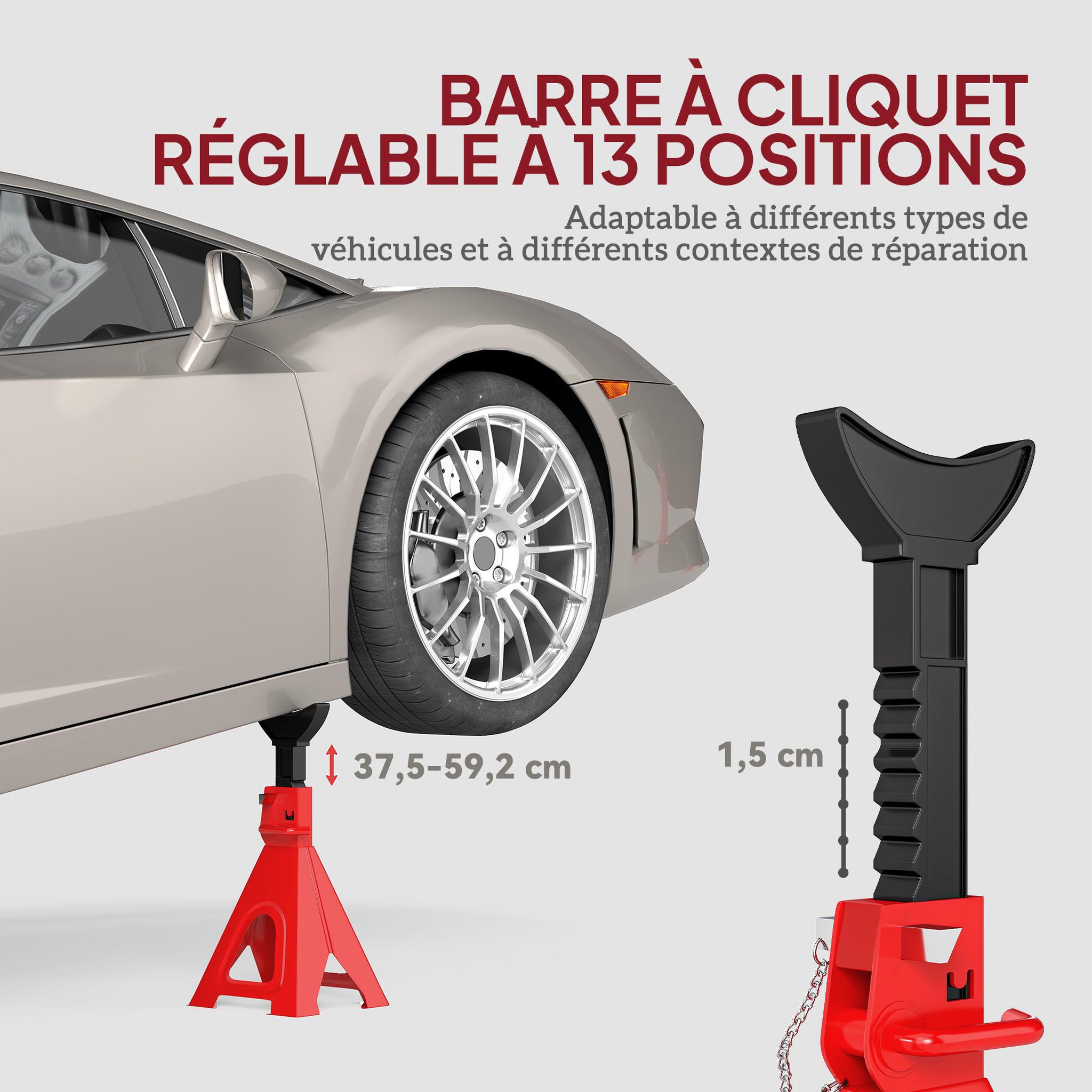 Voir la diapositive 5 : HOMCOM Lot de 2 chandelles - jusqu'à 6000 Kg par chandelle - H.375-592 mm - 4 pieds - acier rouge noir