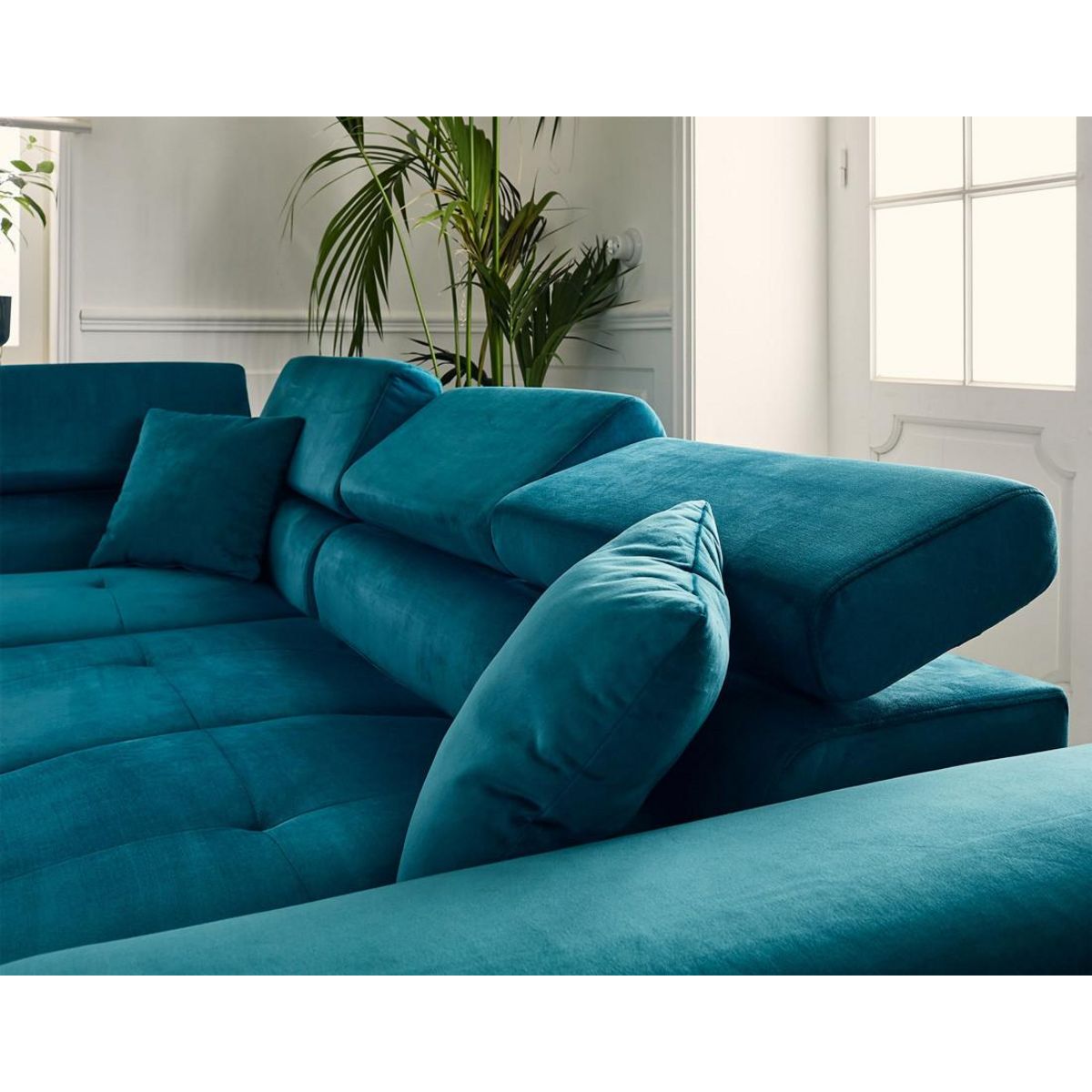 BEST MOBILIER Dimas - canapé d'angle gauche 5 places - convertible avec coffre et têtières réglables - en velours