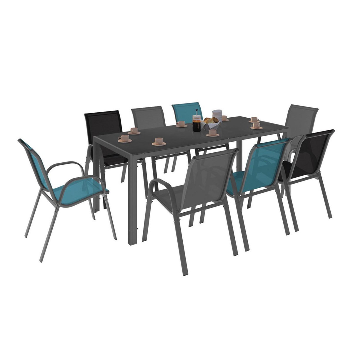 ID MARKET Salon de jardin MADRID table 190 cm et 8 chaises empilables mix color bleu, gris et noir