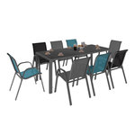 ID MARKET Salon de jardin MADRID table 190 cm et 8 chaises empilables mix color bleu, gris et noir