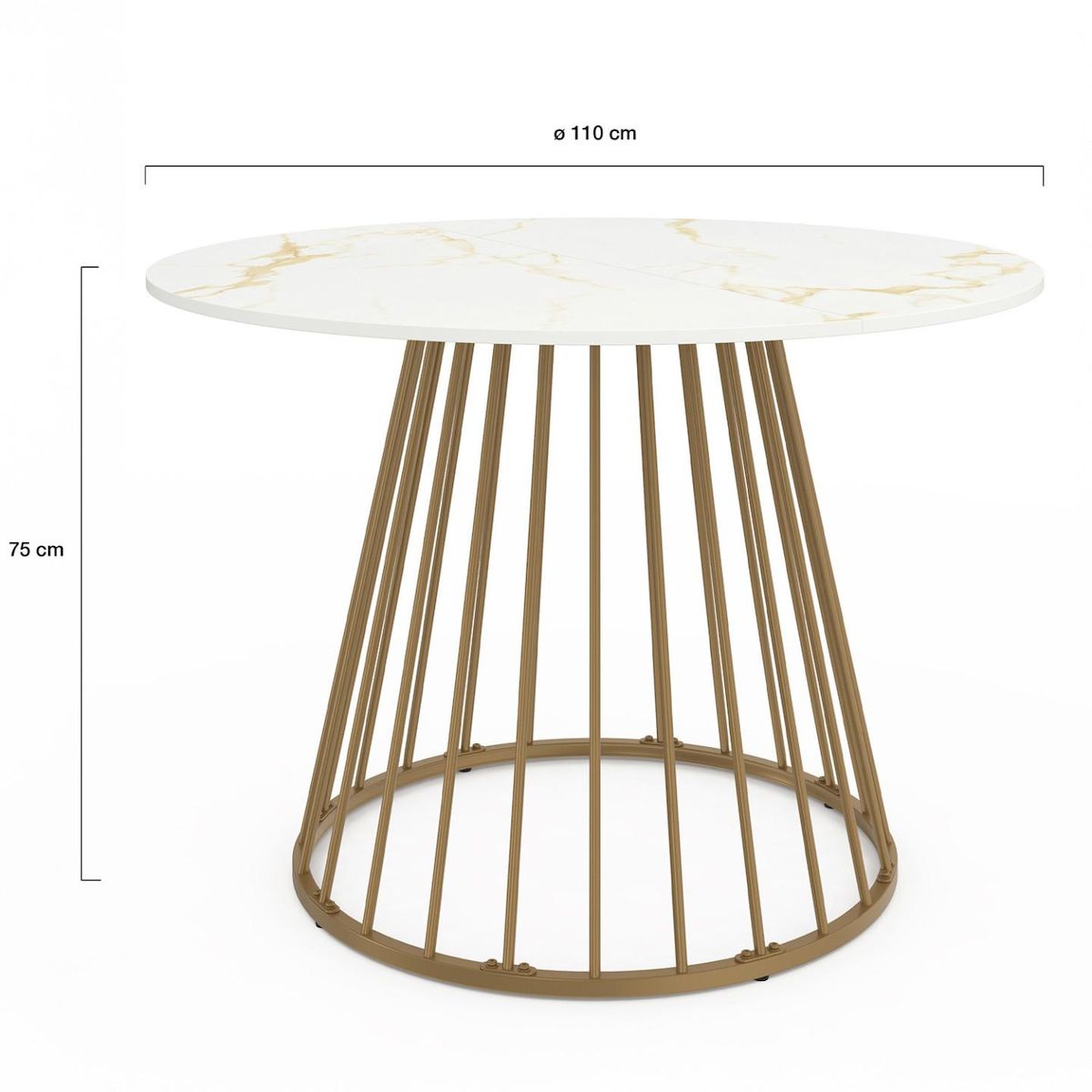 ID MARKET Table à manger ronde YUNA 6 personnes pied filaire laiton et plateau effet marbre blanc ALASKA 110 cm