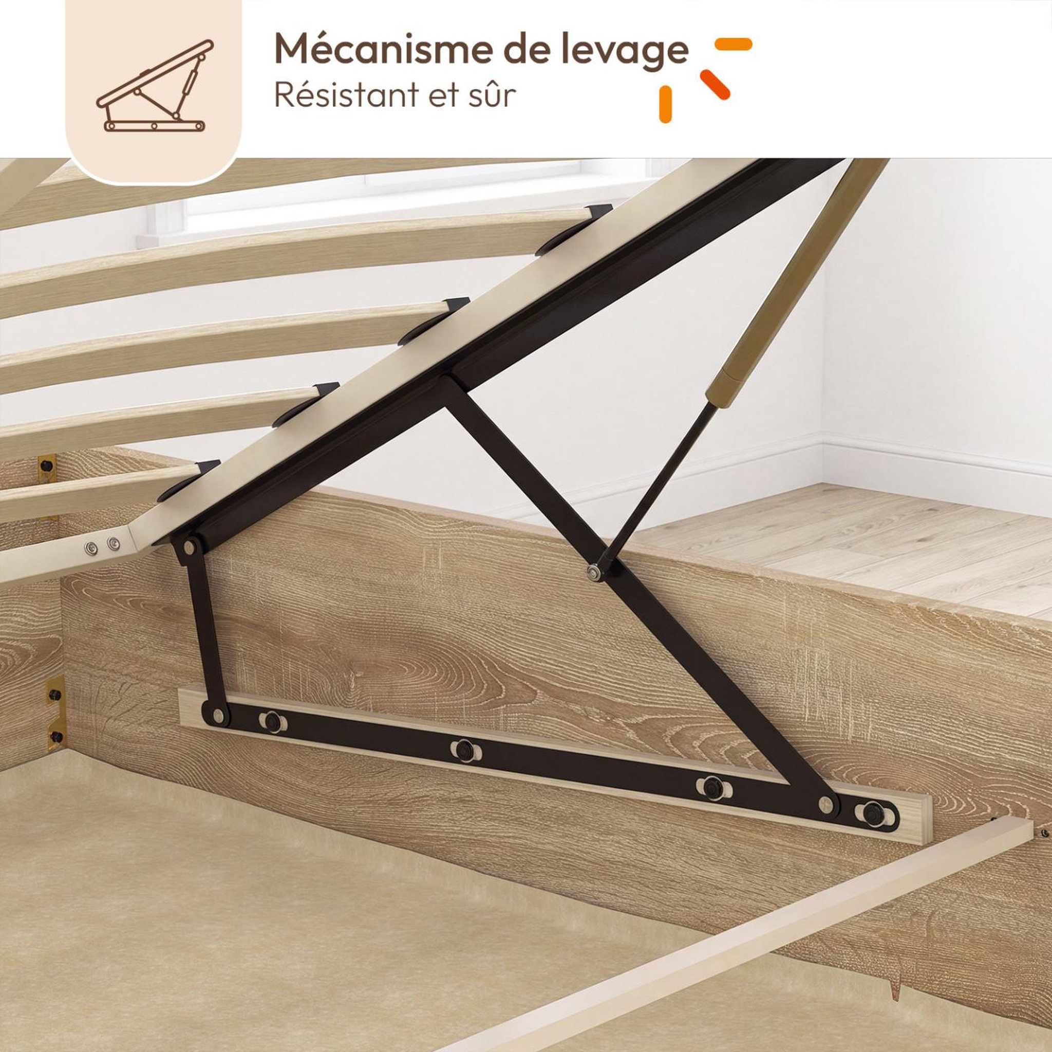 Voir la diapositive 6 : ID MARKET Lit coffre double sandside avec sommier 160 x 200 cm hêtre