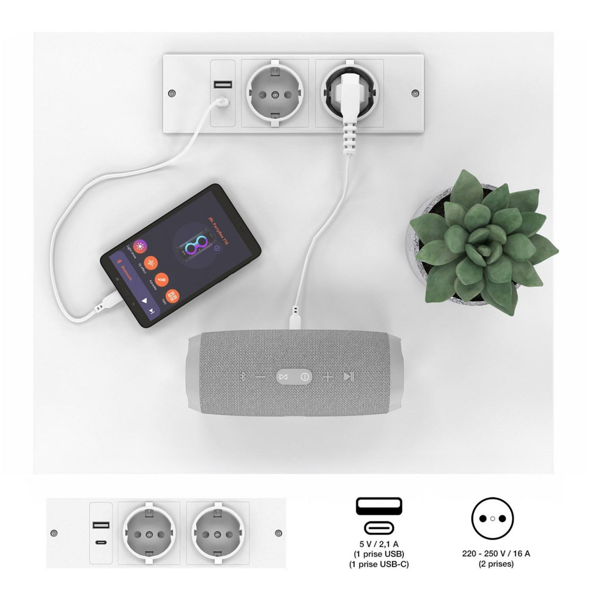 ID MARKET Lot de 2 tables de chevet TED à LEDS avec station de recharge 1 tiroir et niche