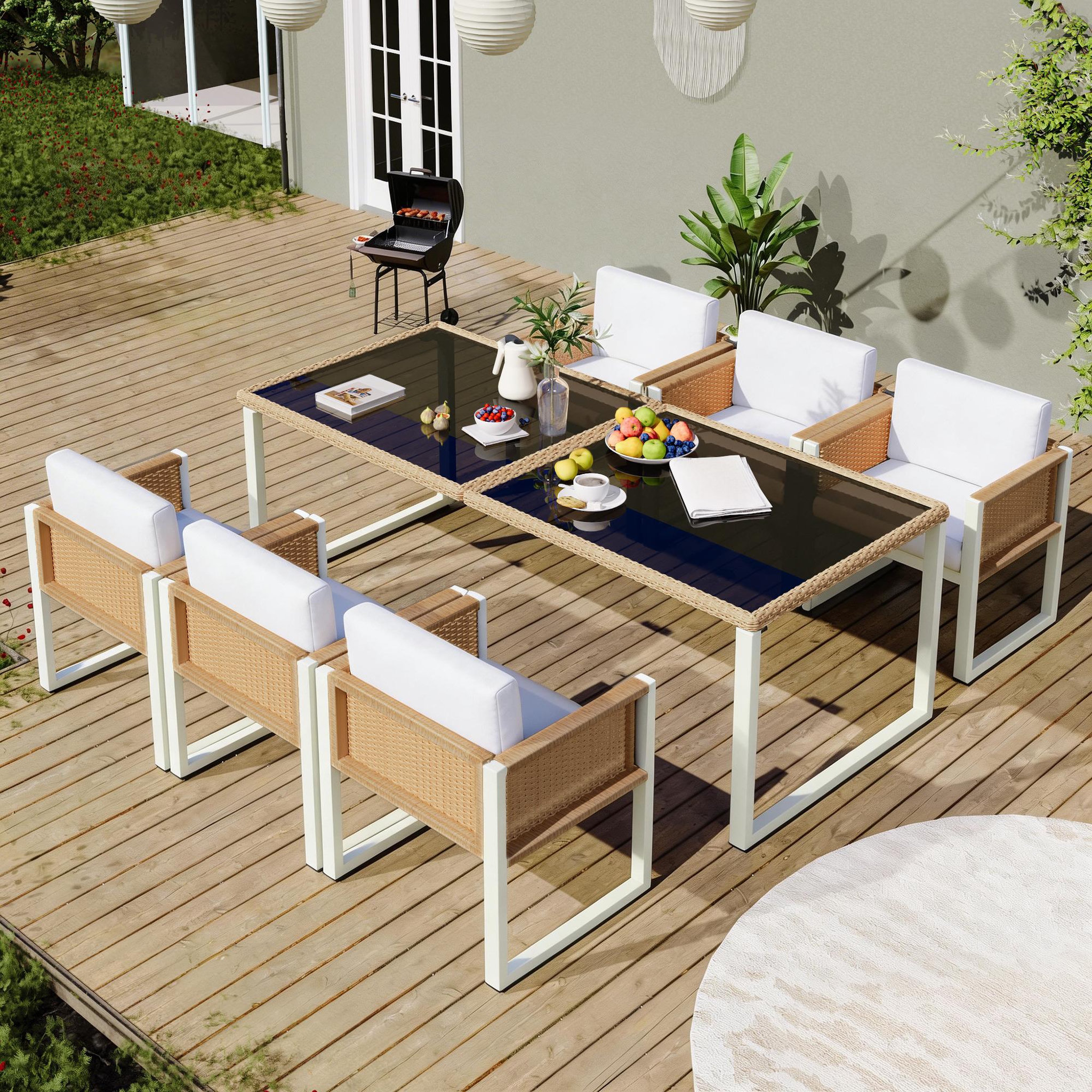 Voir la diapositive 2 : MERAX Salon de jardin 6 places en corde tressée avec table et fauteuils