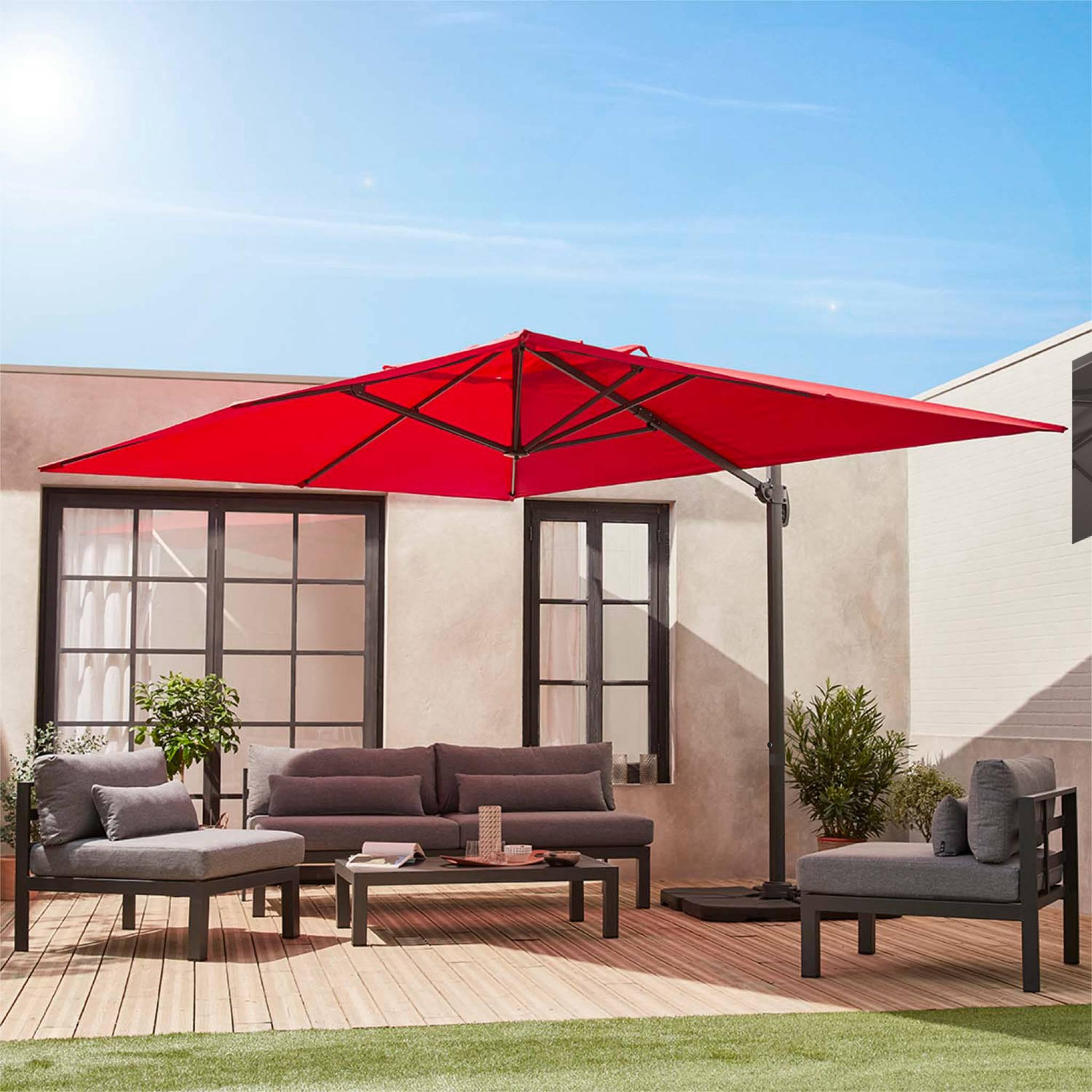 Voir la diapositive 2 : SWEEEK Parasol déporté rectangulaire 3x4 m - Wimereux - Parasol excentré inclinable dans 6 positions, rotatif à 360° + dalles à lester 50x50cm