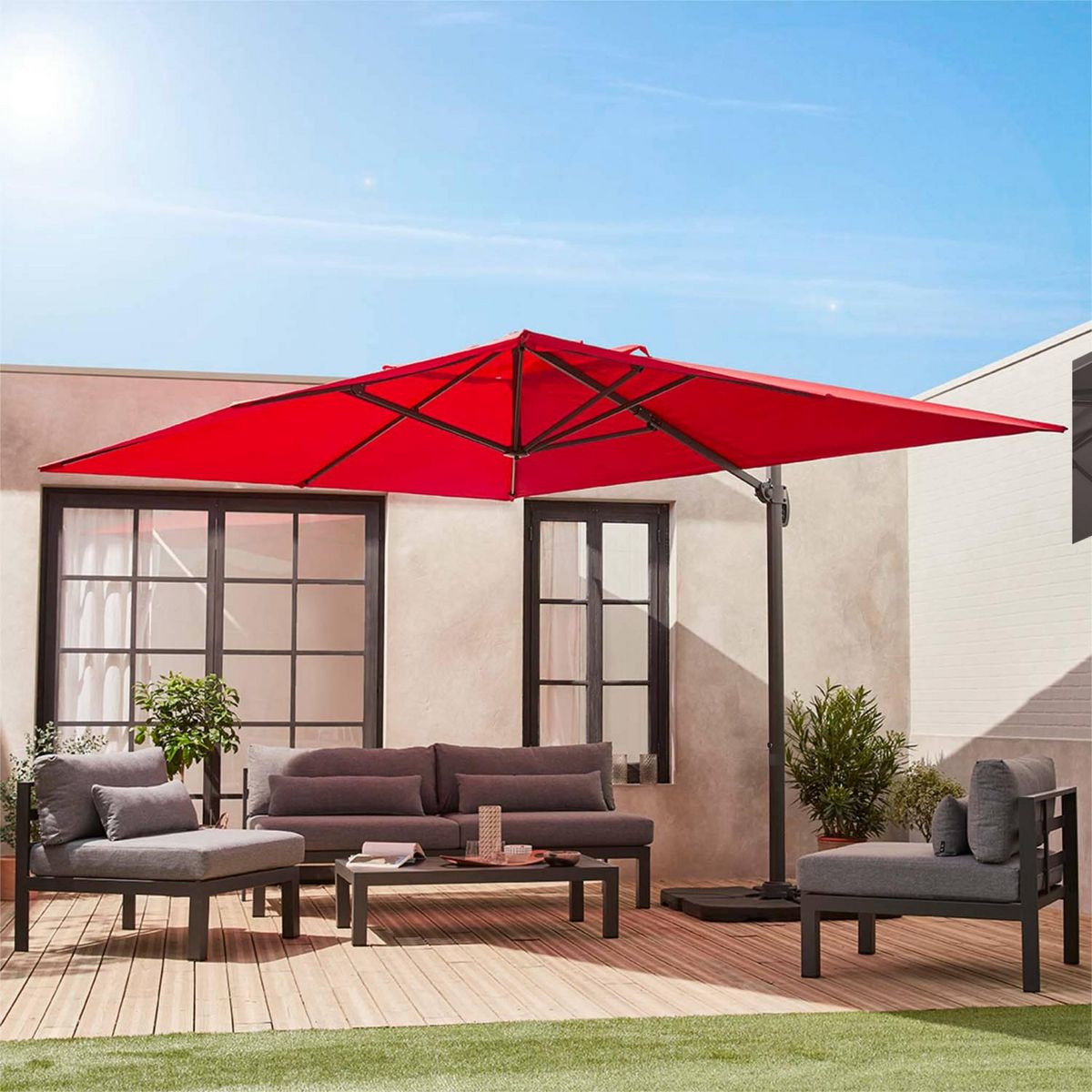 SWEEEK Parasol déporté rectangulaire 3x4 m - Wimereux - Parasol excentré inclinable dans 6 positions, rotatif à 360° + dalles à lester 50x50cm